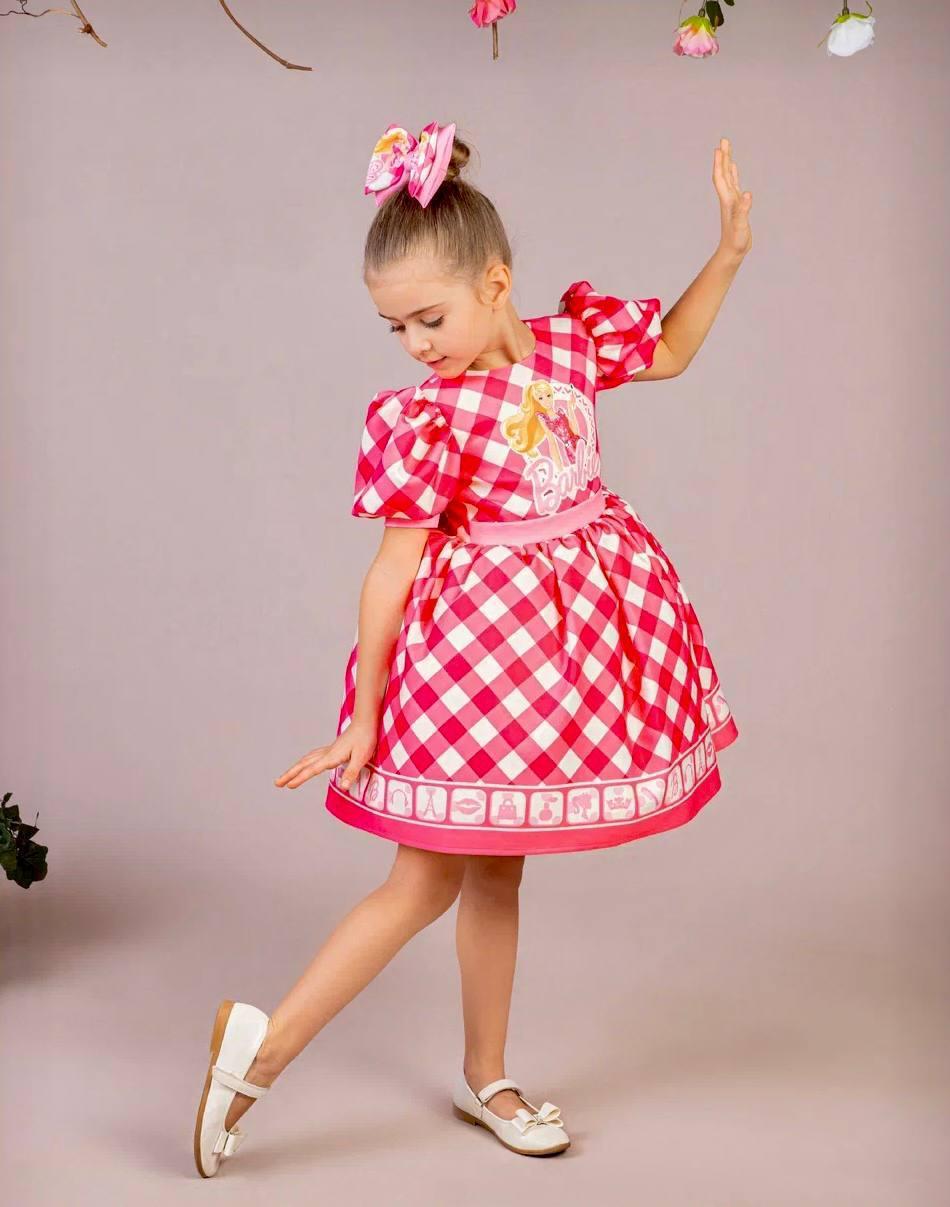 Kız Çocuk Fuşya Kabarık Barbie Elbisesi Kısa Toka Hediyeli 1-8 Yaş