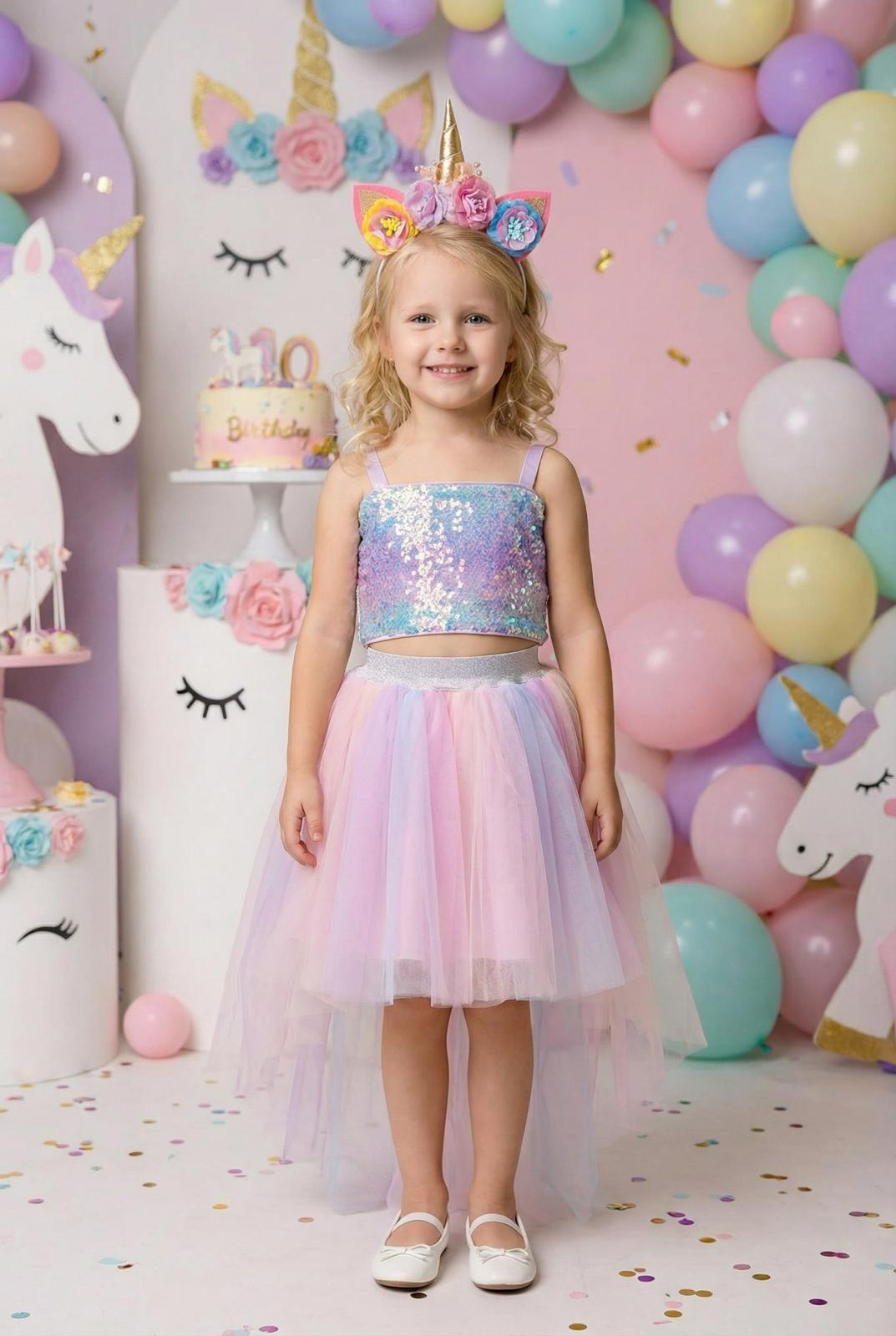 Kız Çocuk Unicorn Temalı Payetli Crop Kuyruklu Tütü Etek İkili Takım 3-7 Yaş