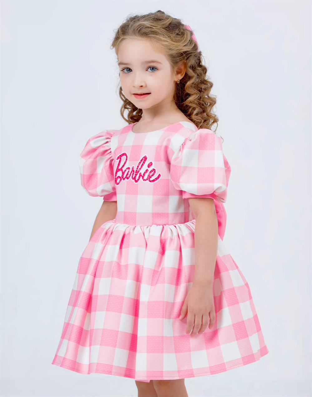 kız çocuk ekoseli barbie elbisesi + toka 2-8 yaş 