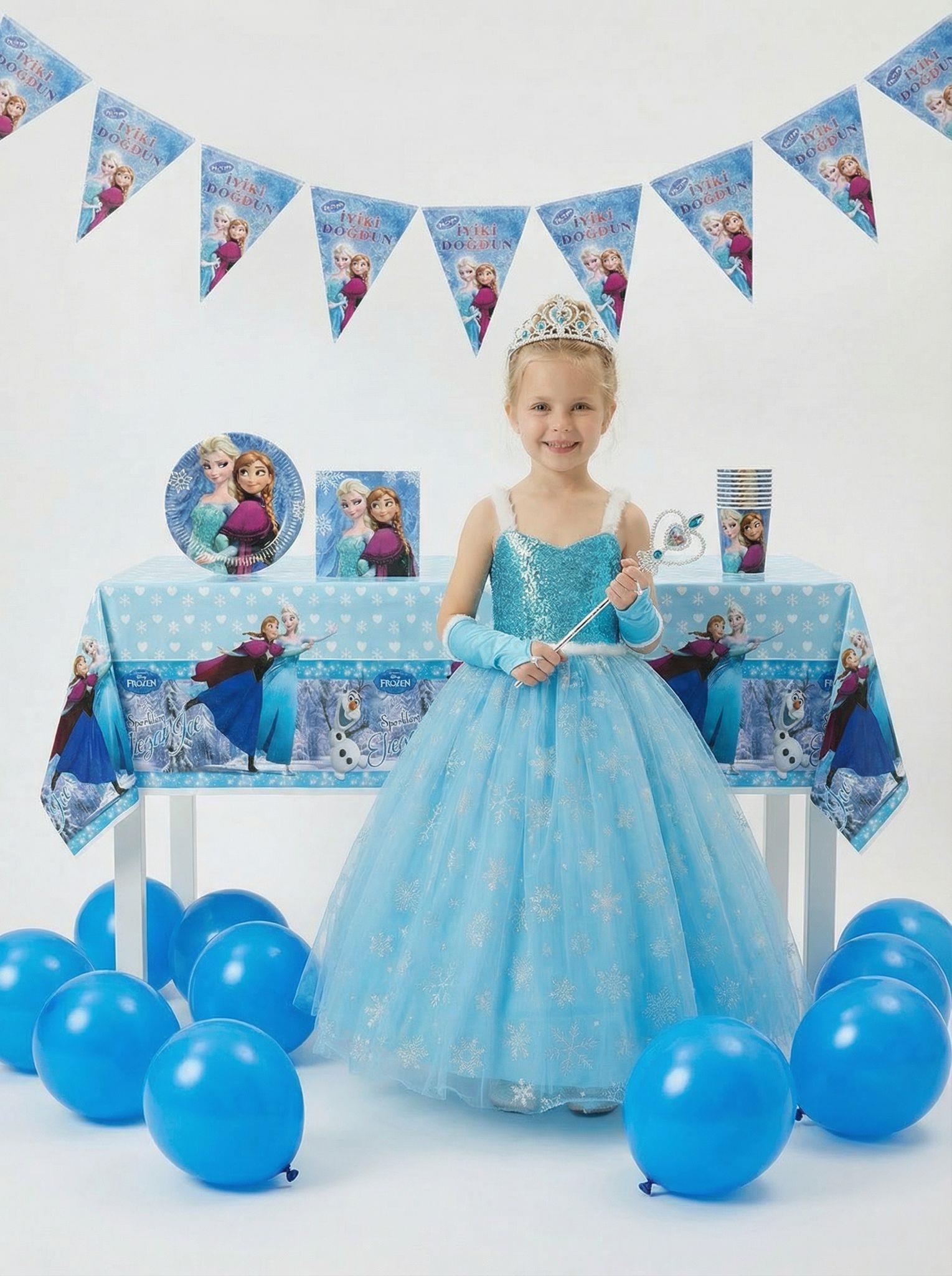 Frozen Elsa Temalı Kız Çocuk Prenses Elbise Askılı  Tüllü Kabarık  Taç Asa Eldiven + Doğum Günü Parti Seti Hediyeli 