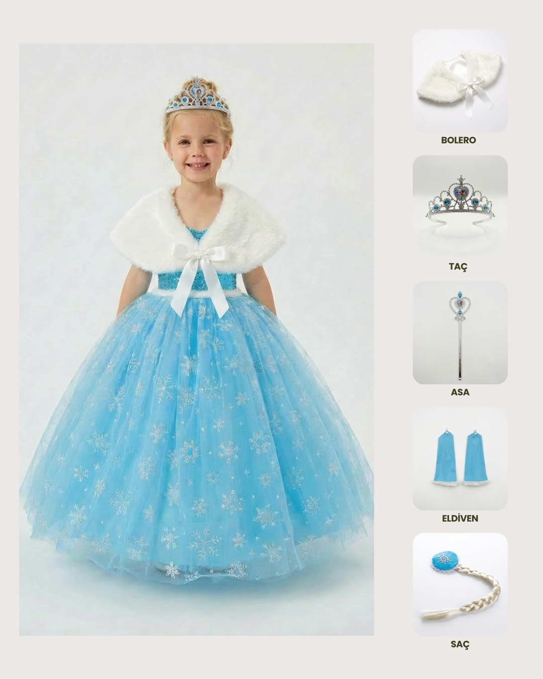 Kız Çocuk Frozen Elsa Kostümü Askılı Bolerolu Takım Taç Asa Saç Eldiven Setli 