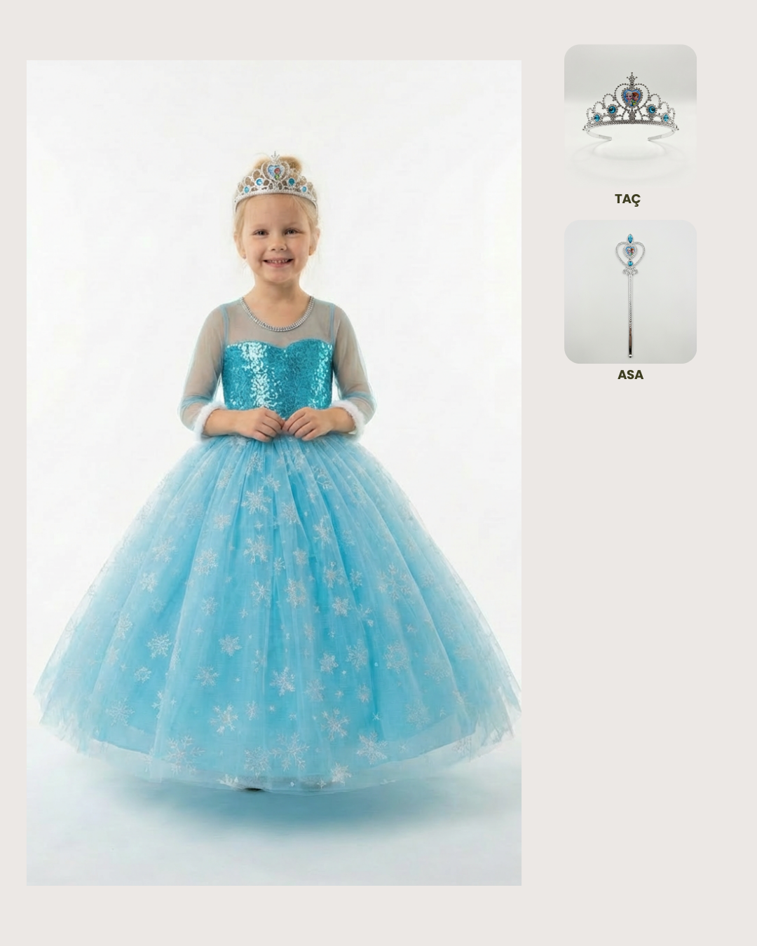 Frozen Elsa Kostümü Uzun Kollu Kız Çocuk Prenses Elbisesi  Taç+Asa Hediyeli 