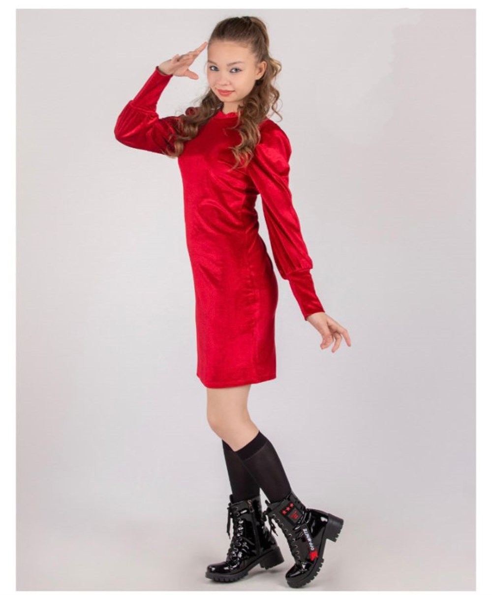 Kız Çocuk Kırmızı Kadife Elbise 8-14 Yaş