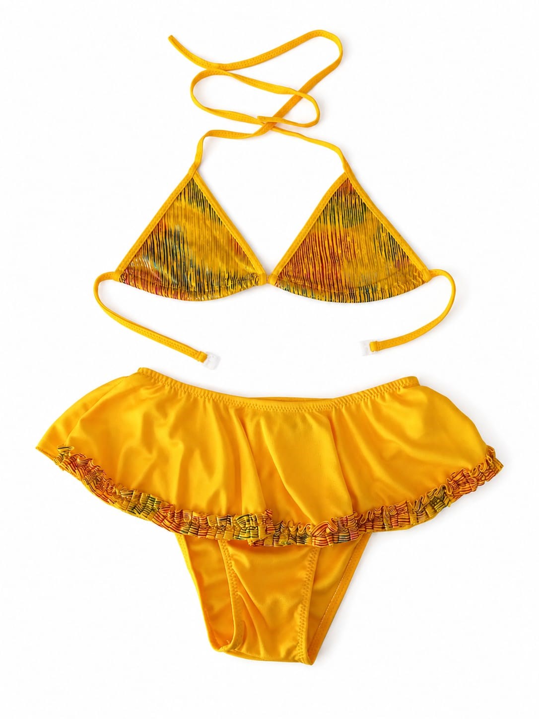 ​Kız Çocuk Desenli Fırfırlı Etekli Sarı İki Parça Bikini Takımı 