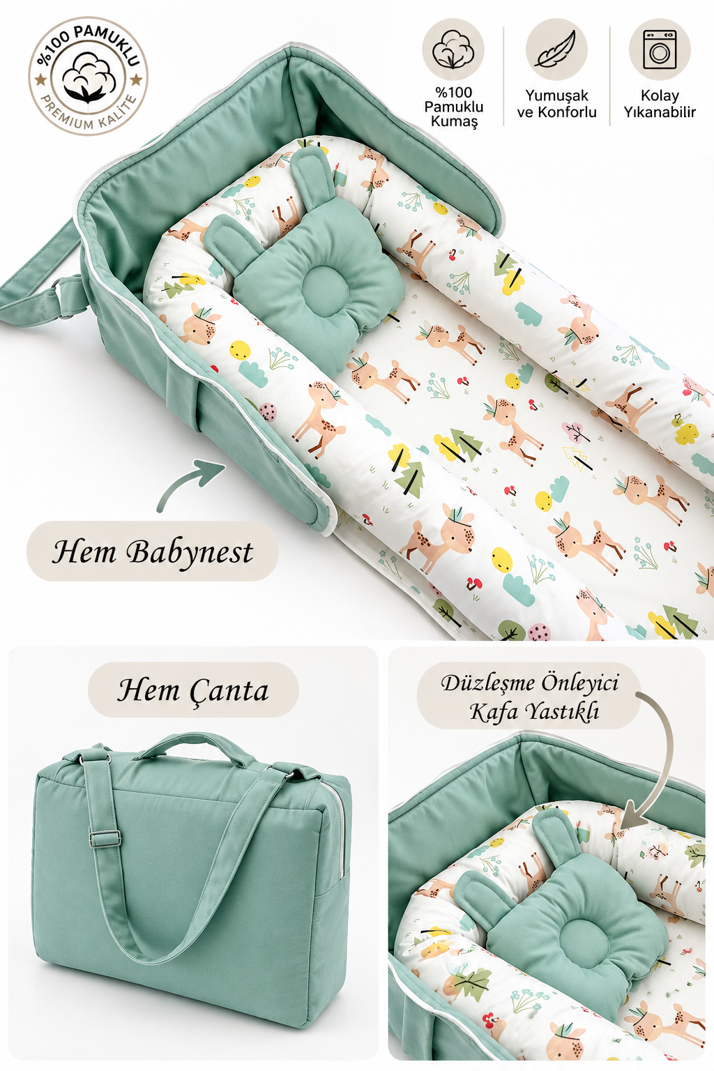 Çantalı Babynest Taşınabilir Anne Yanı Yeşil Renk Ceylan Tasarımlı Babynest