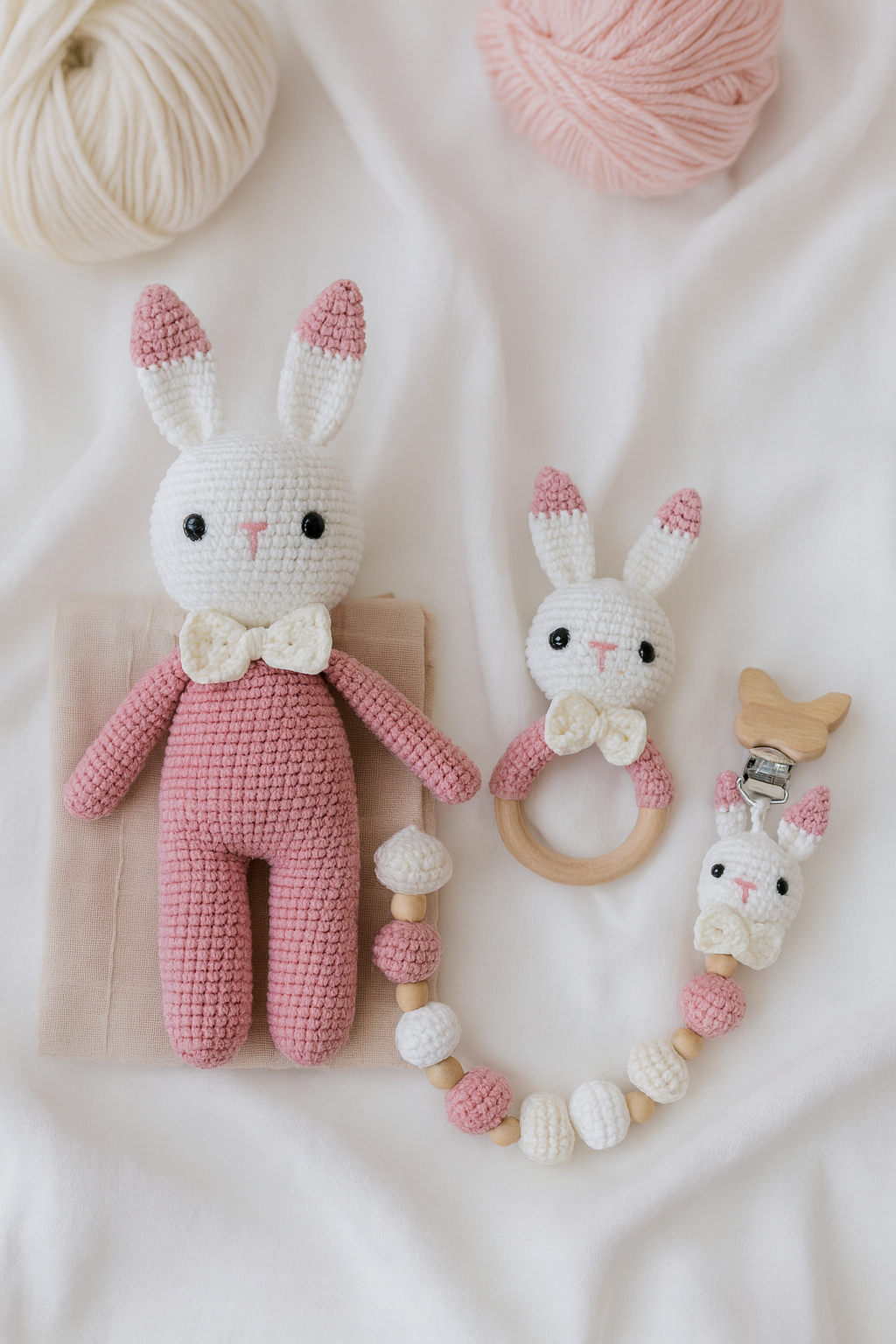 Jaju Baby Amigurumi Pembe Papyonlu Tavşan 29 cm Çıngırak ve Emzik Zinciri Üçlü Set