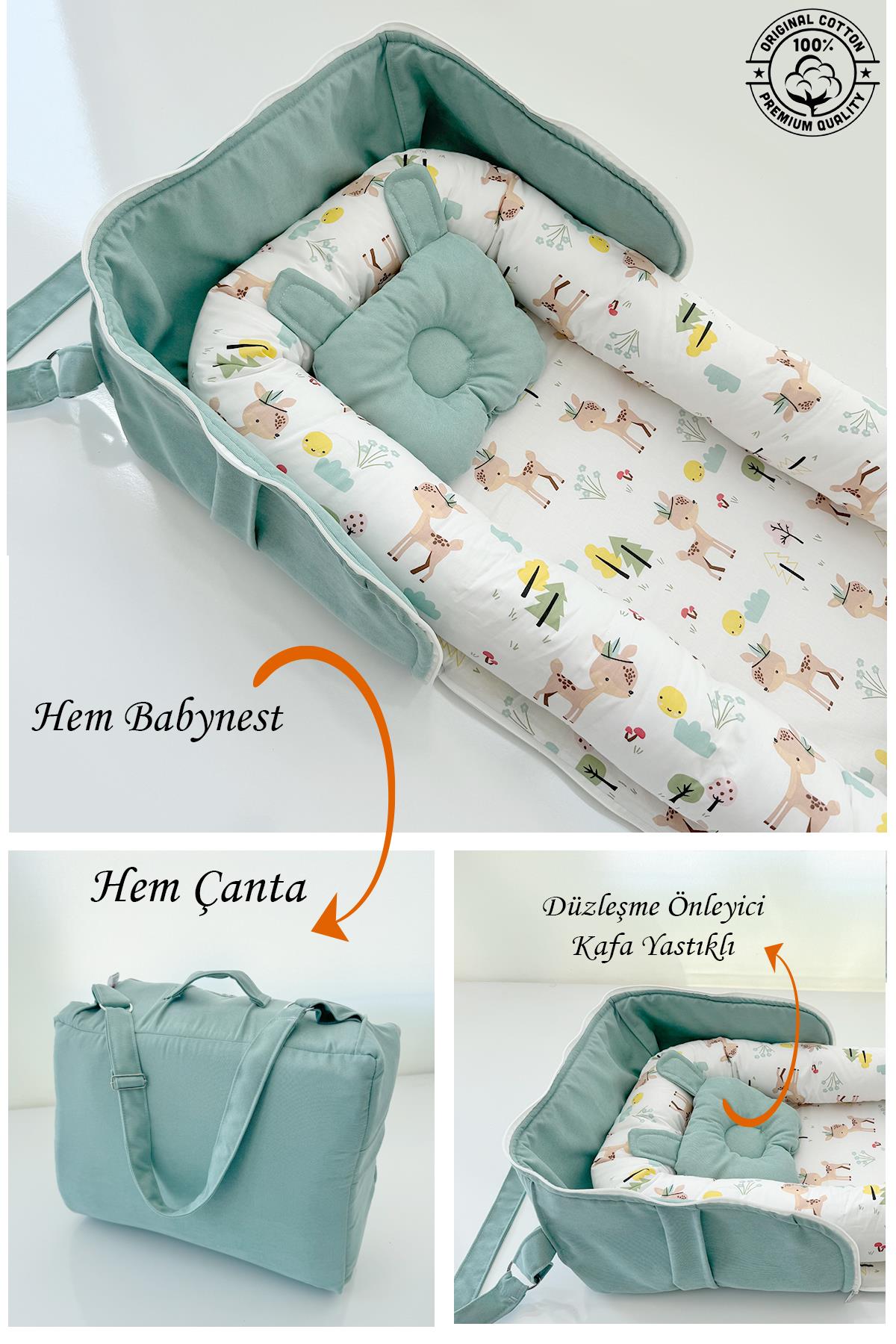 Jaju Baby Çantalı Babynest Taşınabilir Anne Yanı Yeşil Renk Ceylan Tasarımlı Babynest