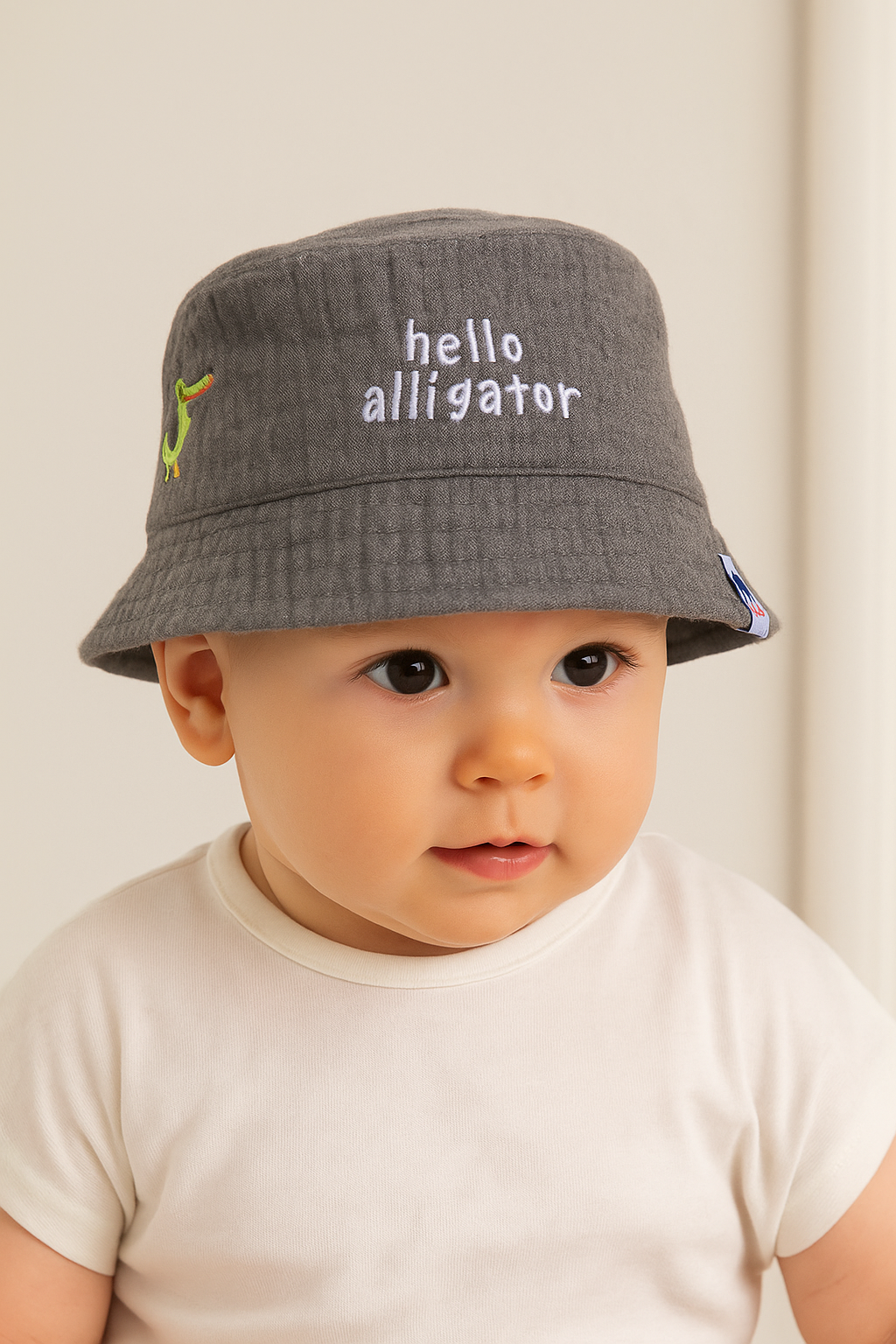 Jaju Baby Erkek Çocuk 1-3 Yaş Gri Renk Önü Yazılı Timsah Desenli Fötr Şapka