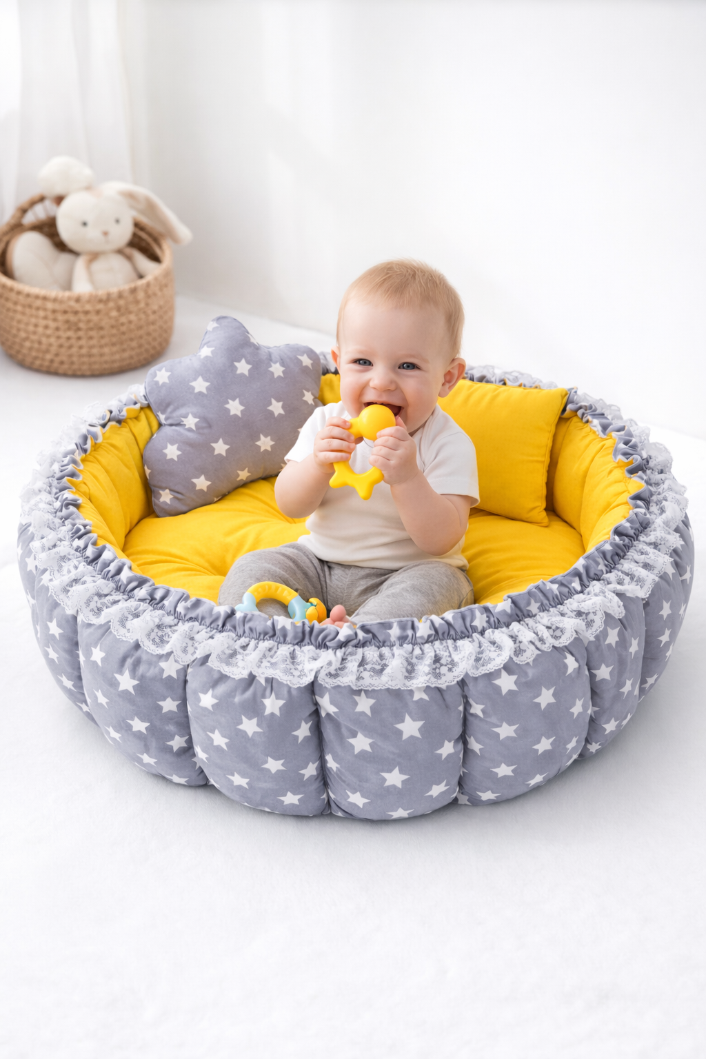 Jaju Baby Gri Yıldız Sarı Açılır Kapanır Oyun Minderi Bebek Yuvası