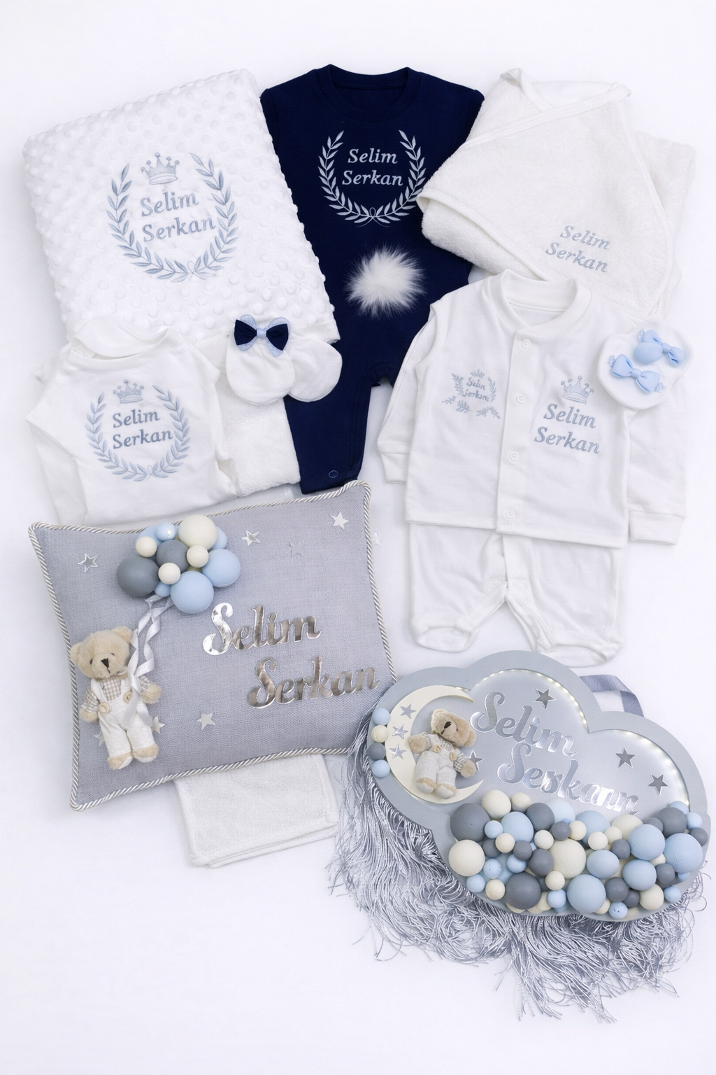 Jaju Baby İsim İşlemeli Lacivert Gri Kombineli Bebek Yeni Doğan Set 