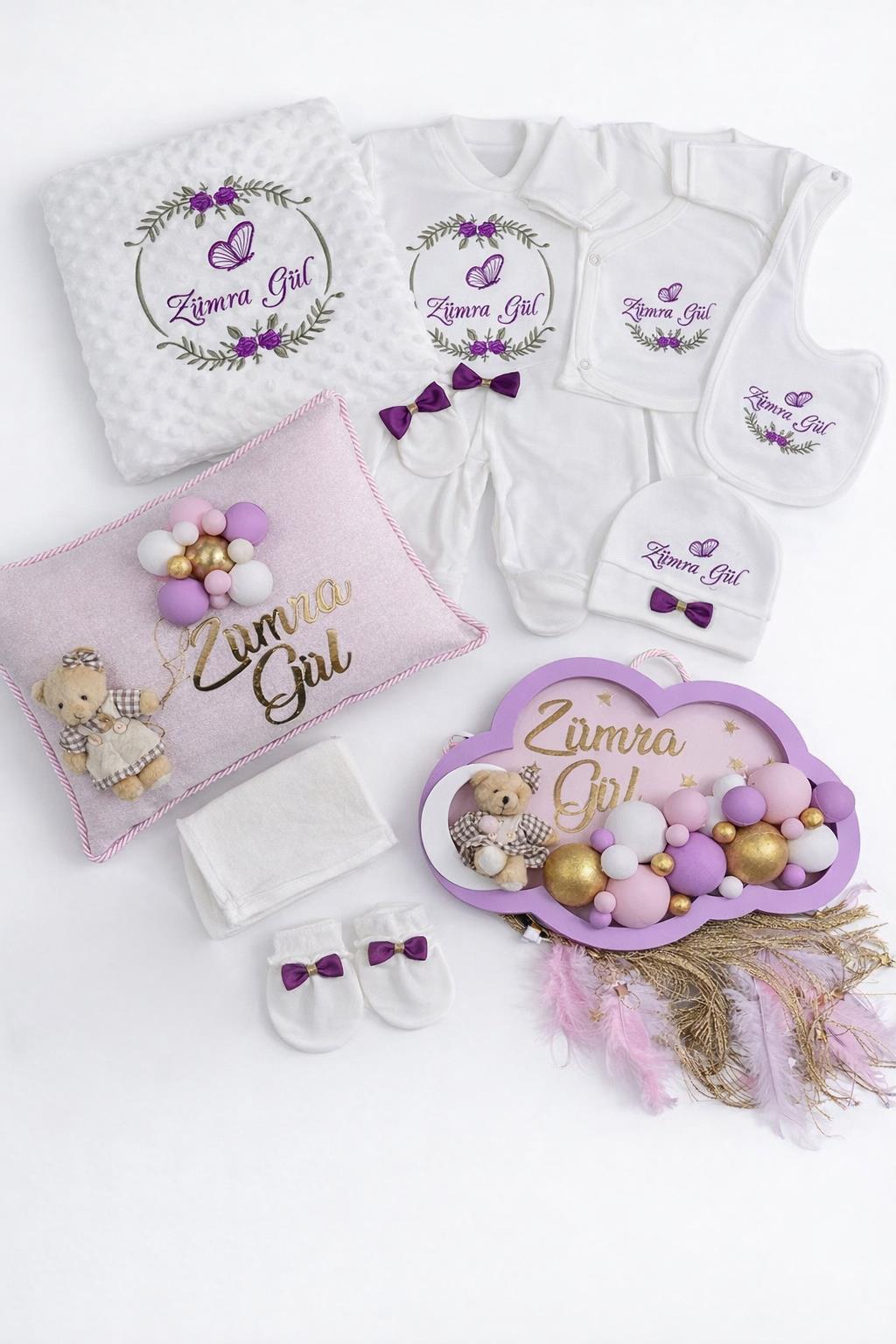 Jaju Baby İsim İşlemeli Lila Ayıcıklı Bebek Yeni Doğan Led Işıklı Set 