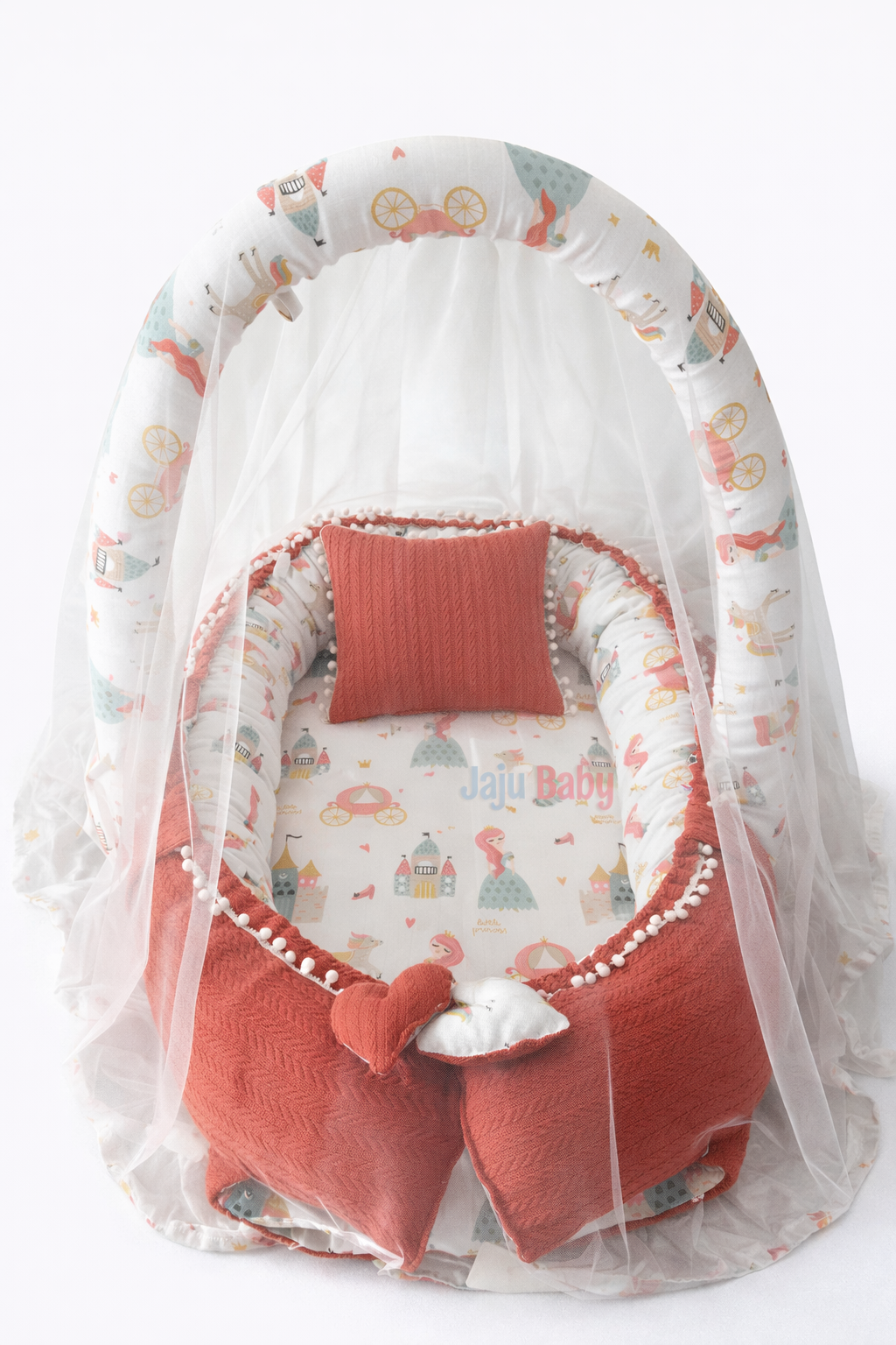 Jaju Baby Kiremit Örgü Kumaş ve Müslin Kumaş Ponponlu Babynest Oyuncak Aparat ve Tül Set