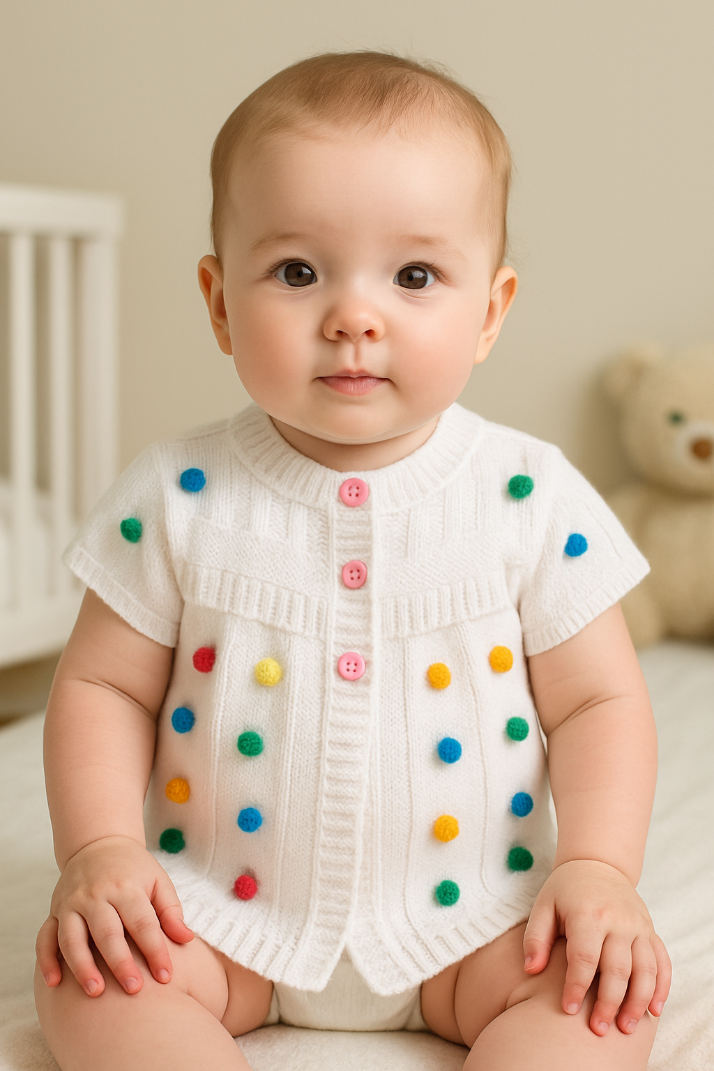 Jaju Baby Kız Bebek Beyaz Renk Ponpon Detaylı Düğmeli Triko Örgü Yelek