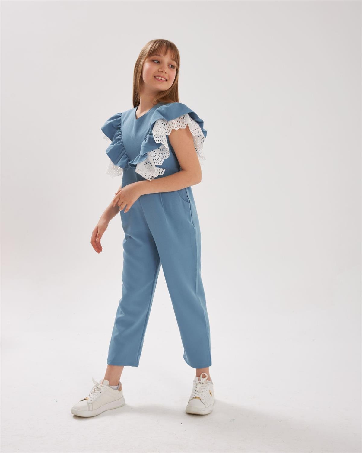 Jaju Baby Kolları Fırfırlı Kız Çocuk Mavi Tulum