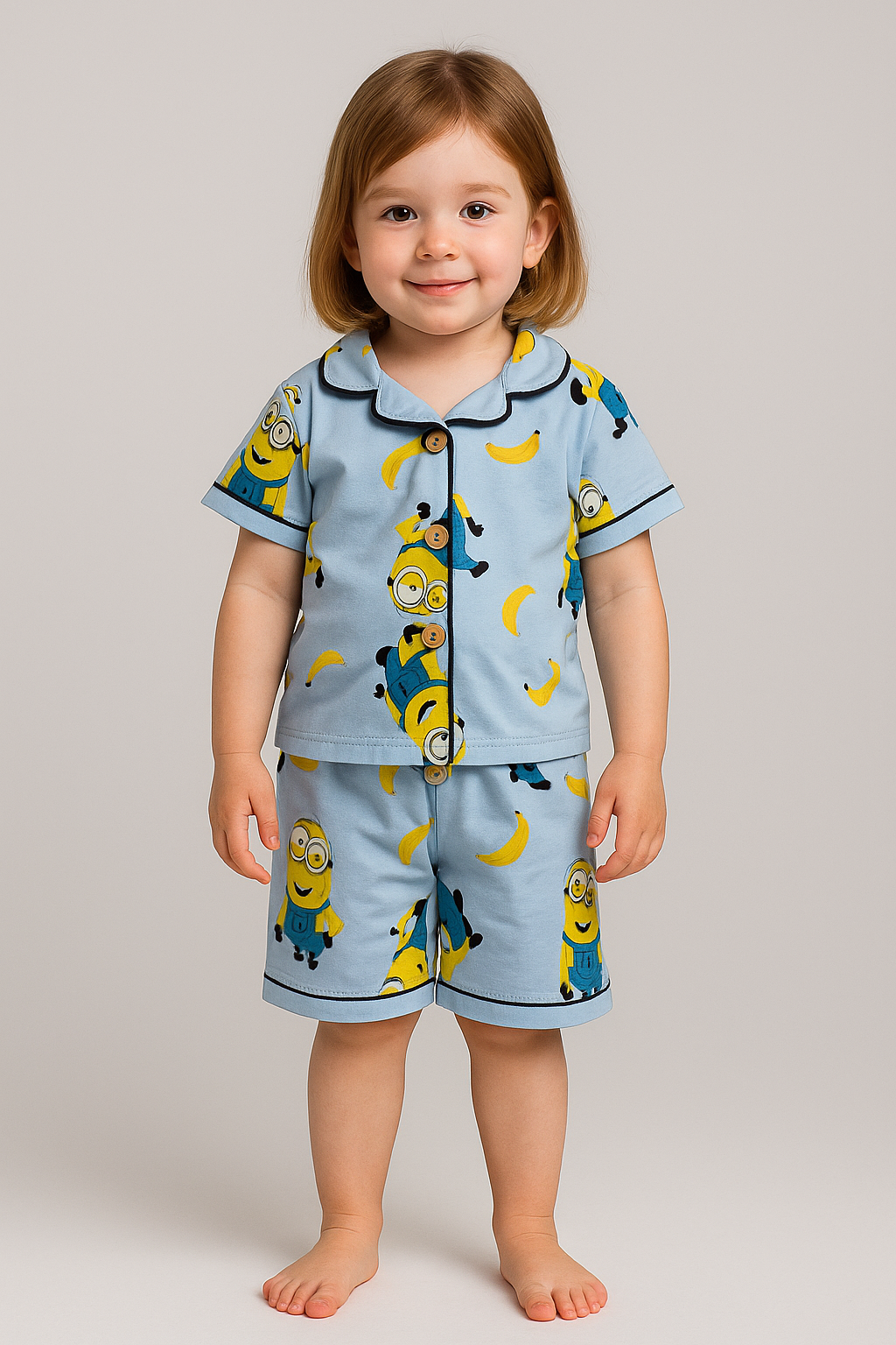 Jaju Baby  Mavi Minion ve muz desenli Kısa Kol Pijama Takımı