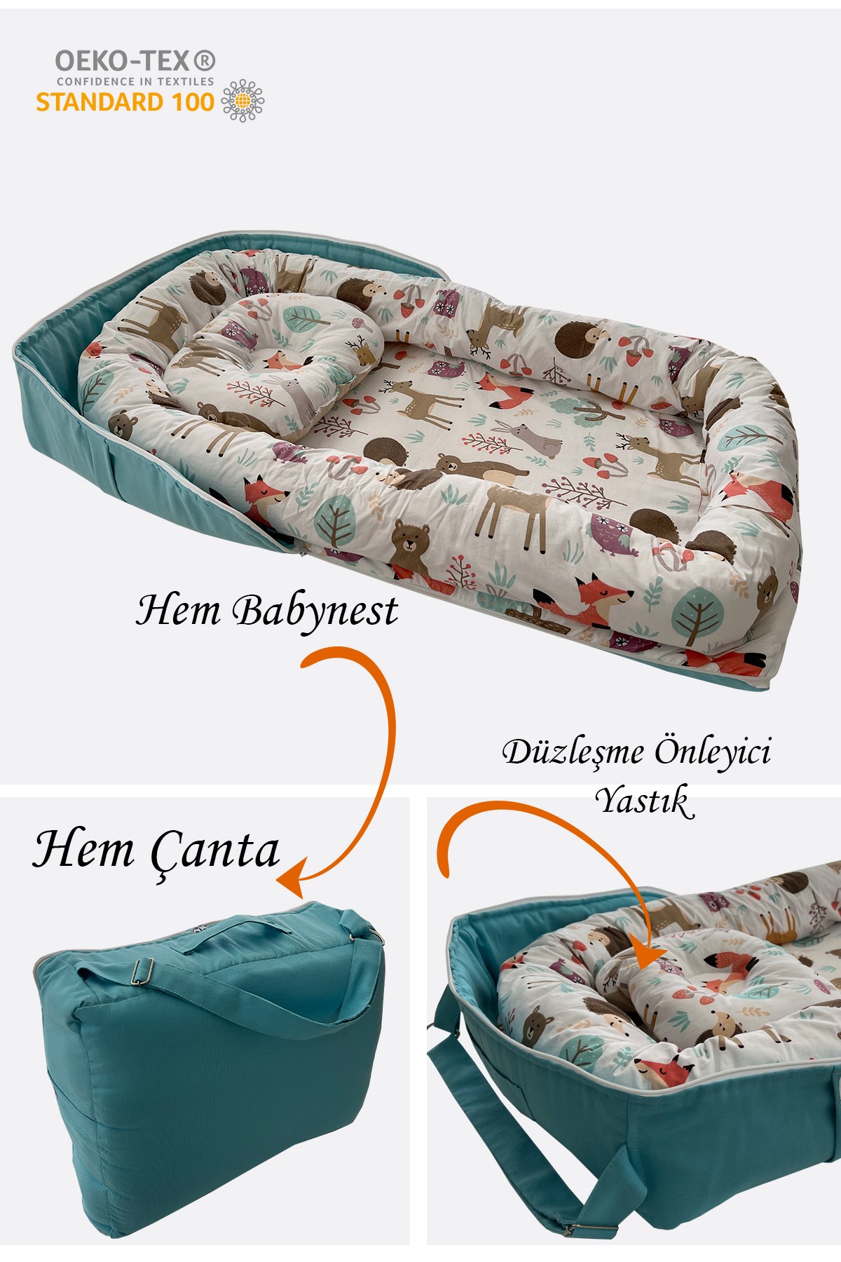 Jaju Baby Nest Mavi Orman Desenli Çantalı Babynest Bebek Çantası Taşınabilir Anne Yanı Yatağı
