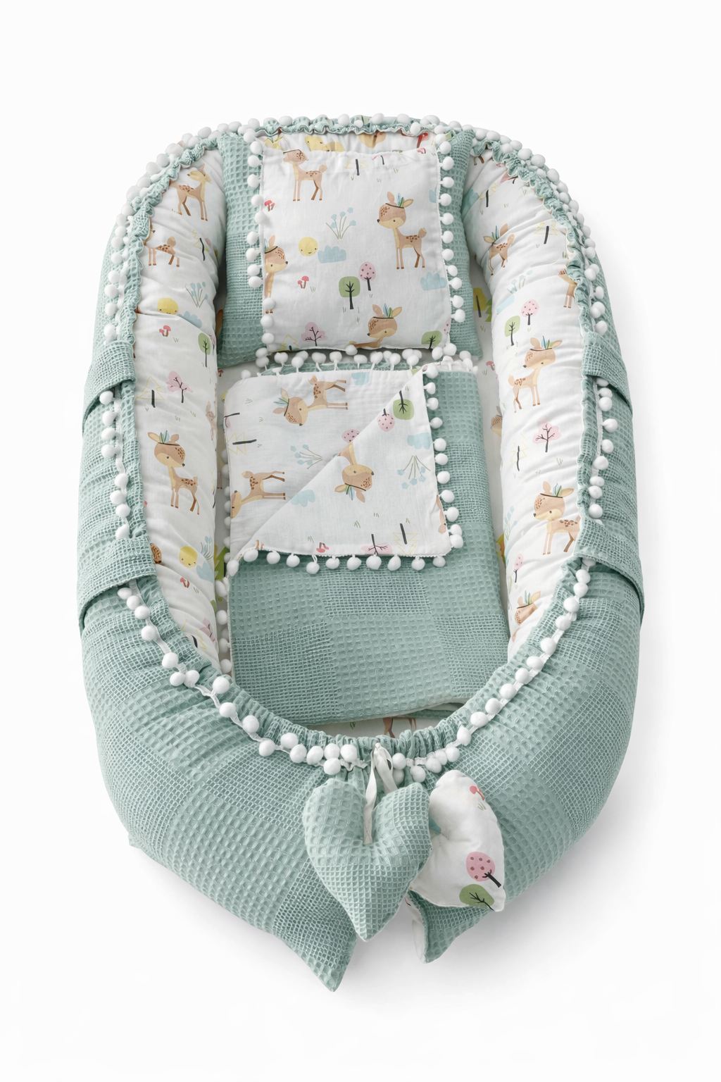 Jaju Baby Pike Kumaş ve Poplin Kumaş Ceylan Tasarım Ponponlu 3'lü Babynest Set