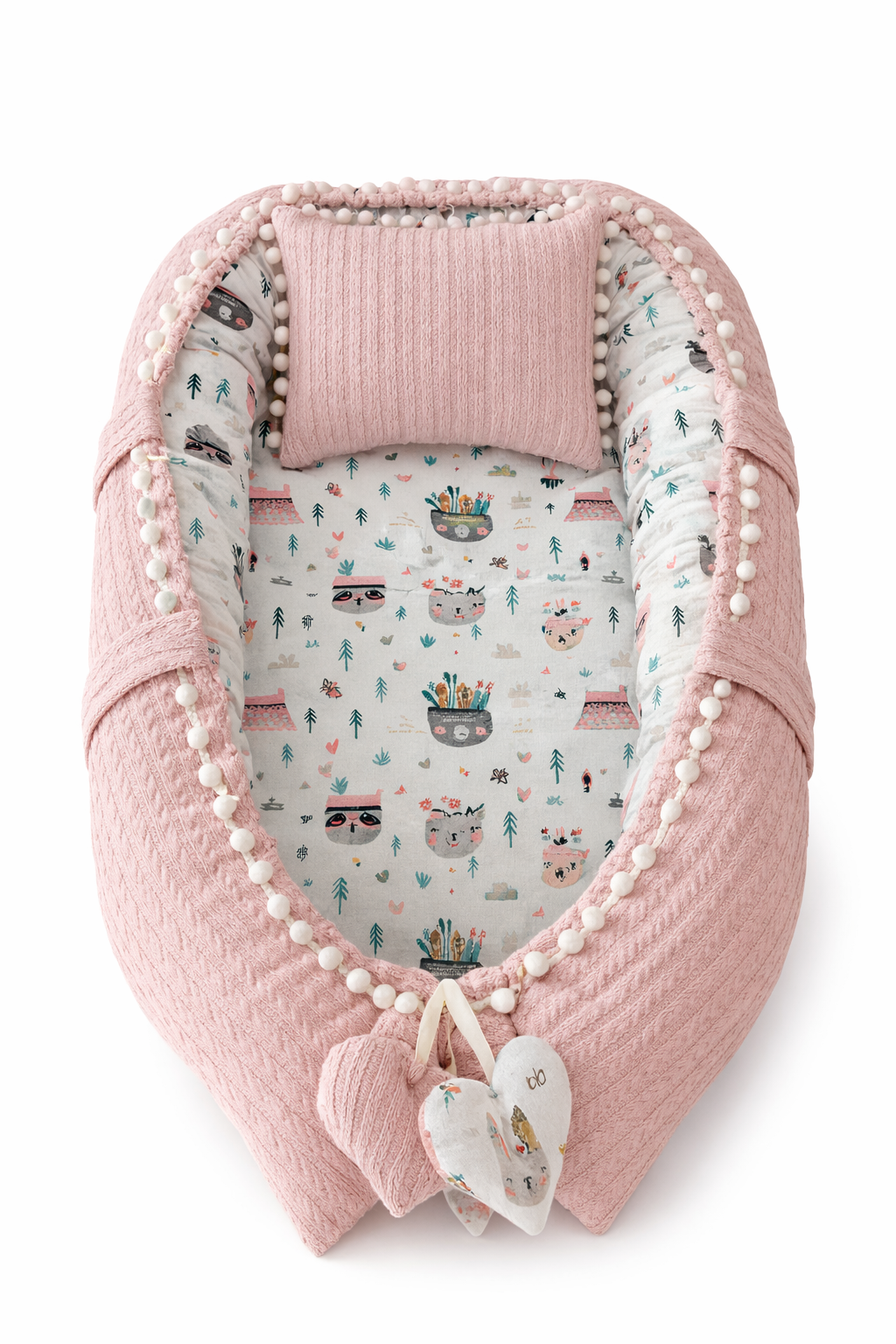 Jaju Baby Pudra Örgü Kumaş ve Müslin Kumaş Ponponlu Babynest