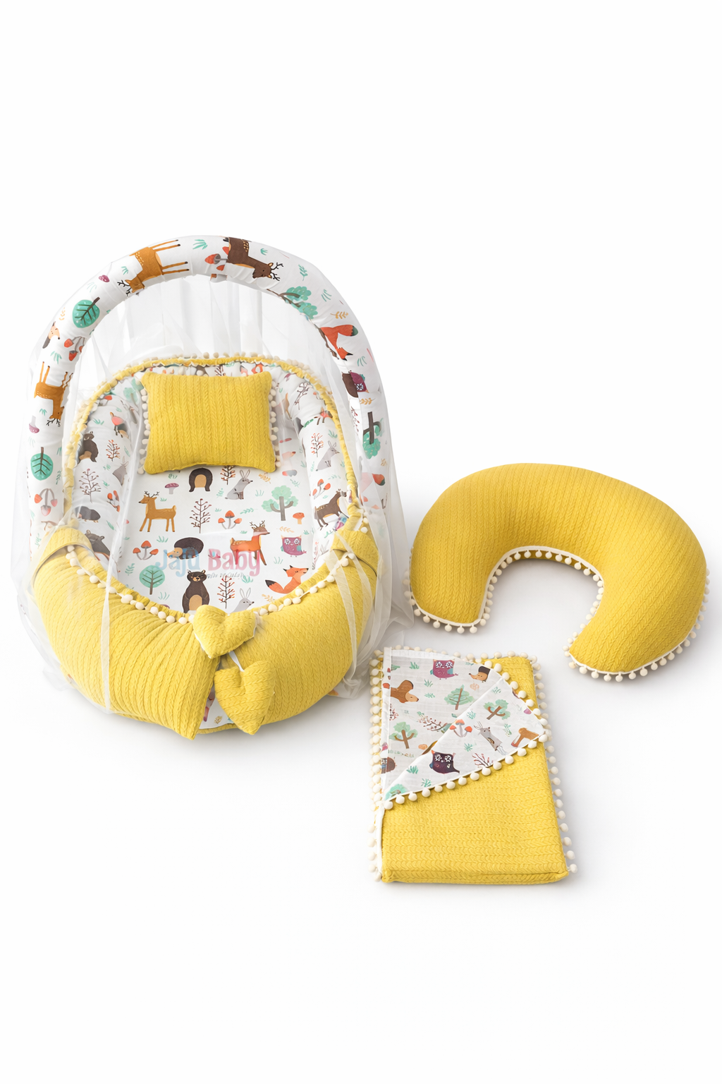 Jaju Baby Sarı Örgü Pike Kumaş ve Orman Müslin Kumaş Ponponlu 6 Parça Babynest Set