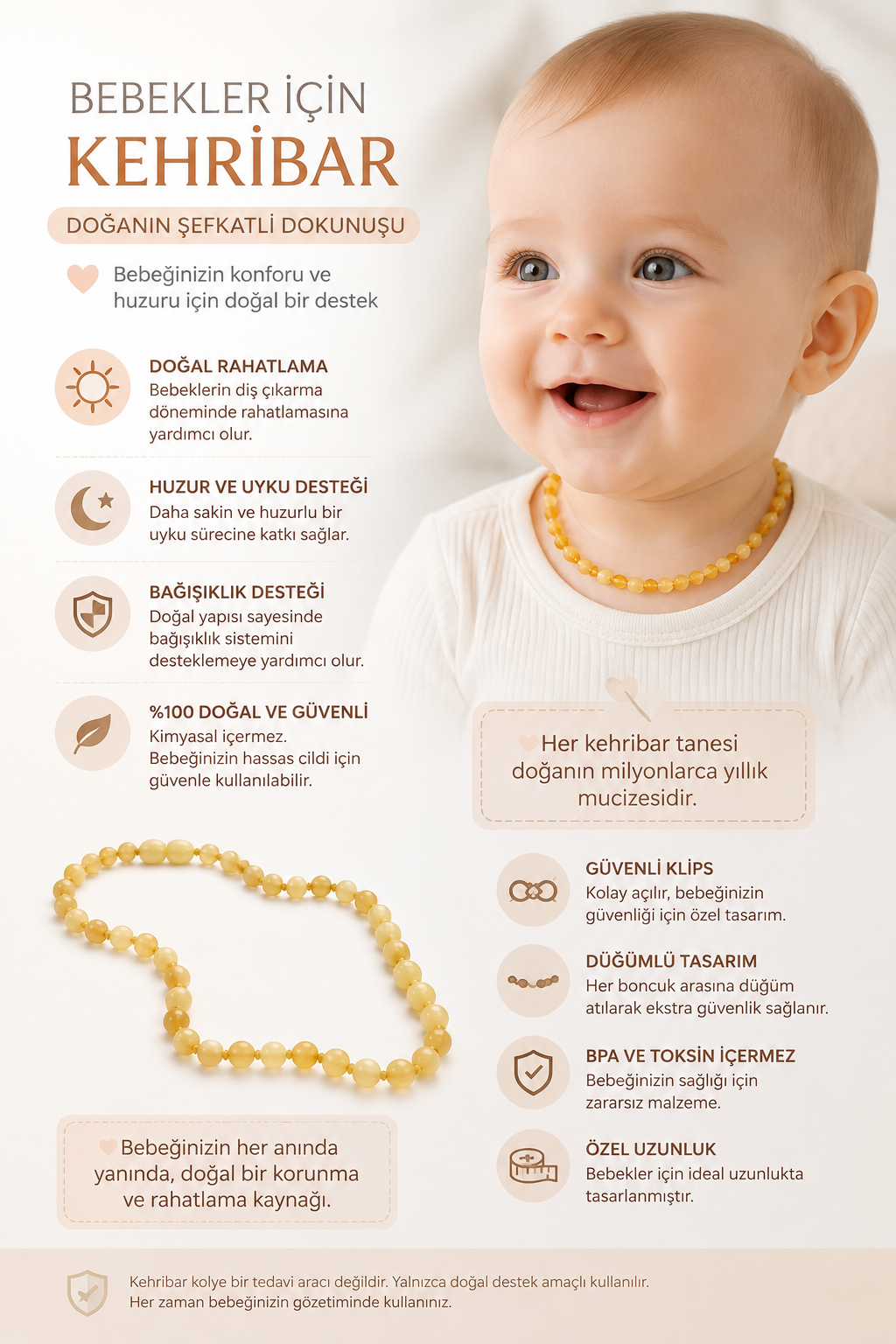 Jaju Baby Sarı Renkli Kehribar Bebek Kolyesi