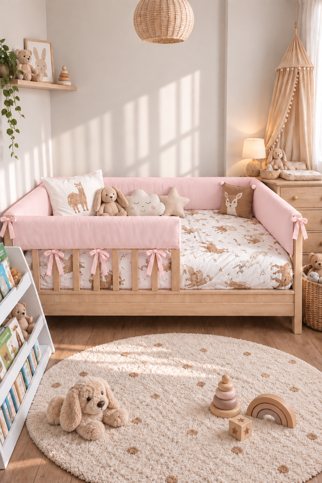 Jaju Baby Tam Koruma Pembe Renk Özel Ölçü Montessori / Beşik Koruyucu