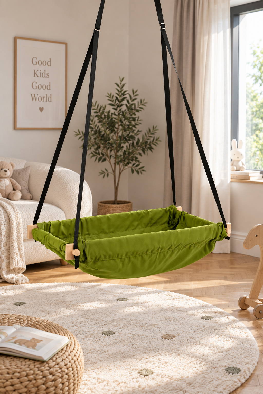 Jaju Baby Yeşil Ahşap Yaylı Bebek Hamağı – %100 Pamuk Kumaş – Tavana Asılan Sallanan Hamak