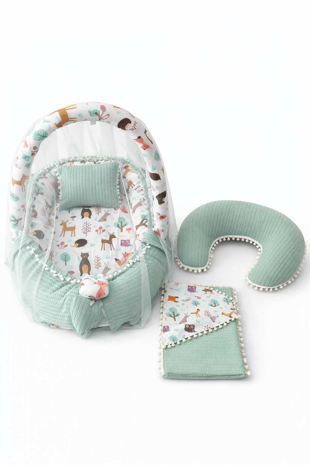 Jaju Baby Yeşil Örgü Pike Kumaş ve Orman Kumaş Ponponlu 6 Parça Babynest Set