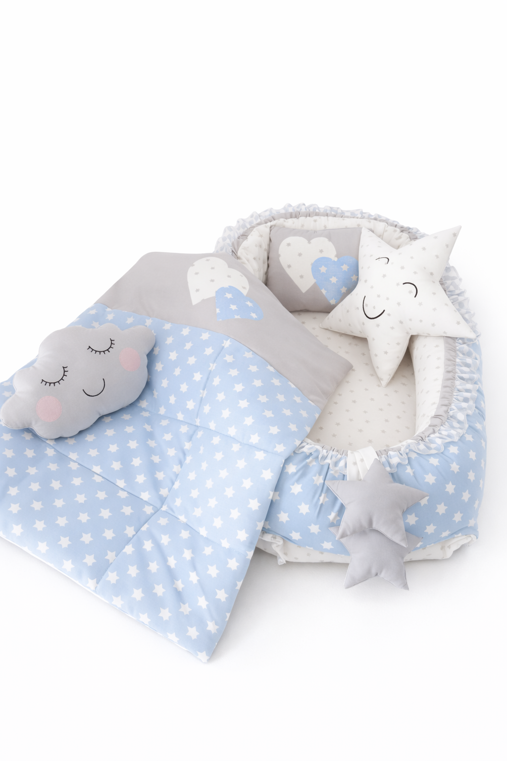 Jaju Babynest Mavi Gri Yıldız Ortopedik Lüx Baby Nest Set