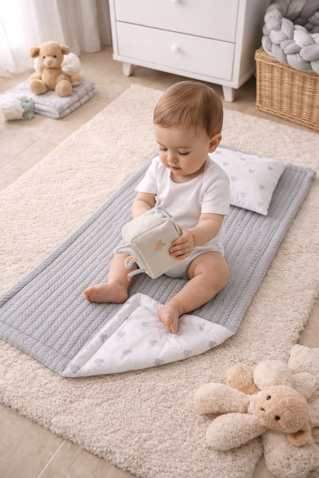 Mickey Gümüş Desenli Bebek Alt Açma Minderi 45×75 cm – Örgü Kumaş & Poplin Pamuk