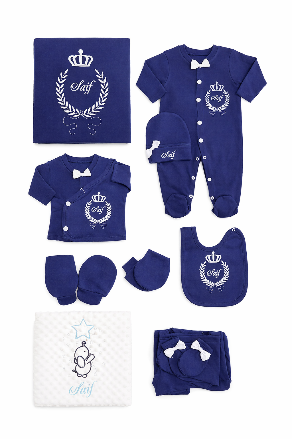 Nakış işleme İsimli 10 Parça Erkek Bebek Hastane Çıkışı Seti – %100 Pamuk, Yenidoğan