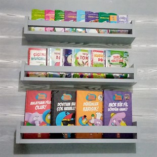 Jaju Baby 3'lü Gri Montessori Kitaplık Çocuk Odası Duvar Rafı Ahşap Kitaplık Raf