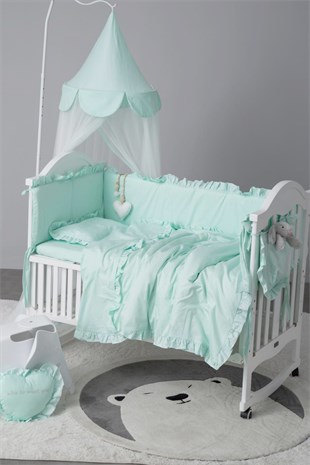 Jaju Baby Fırfırlı Aqua Renk Beşik / Montessori Kenar Koruma ve Nevresim Takımı Bebek Uyku Seti