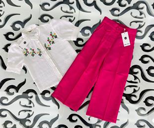 Jaju Baby Hilal Akıncı Nakış Detaylı Fisto işlemeli Gömlek & Pantolon Pembe Takım
