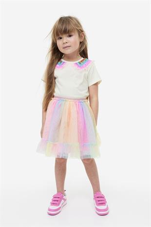 Jaju Baby Kız Çocuk Çok Renkli Yaka Detaylı T-shirt ve Tütü Etekli Alt Üst Takım