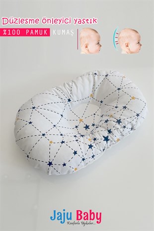 Jaju Baby Lacivert Yıldız Düz Kafa Yastığı Bebek Kafa Şekillendirici Yastık Bebek Yastığı Düz Kafa Sendorumu Önleyici Yastık