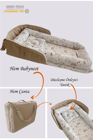 Jaju Baby Nest Kahve Duck Dağ Desenli Çantalı Babynest Bebek Çantası Taşınabilir Anne Yanı Yatağı