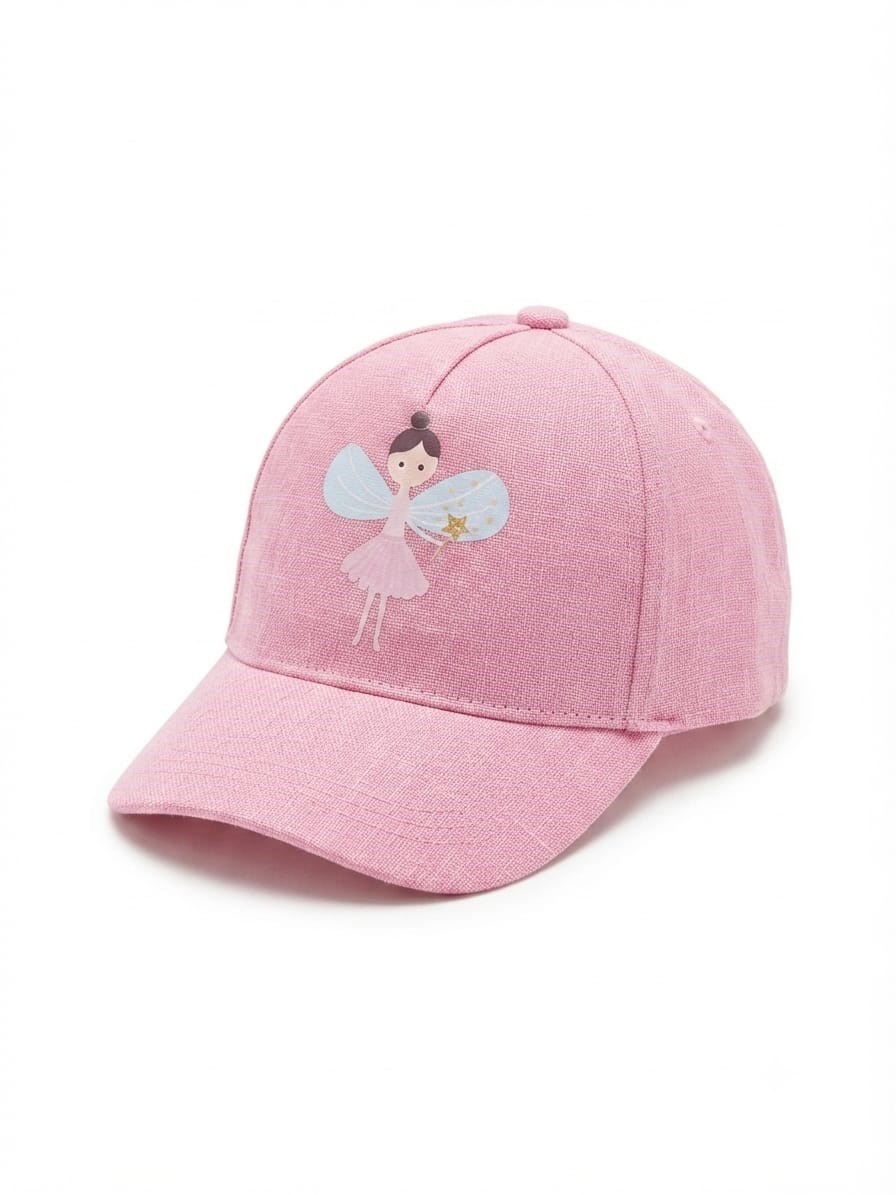 ​Kız Çocuk Yazlık Beyzbol Şapka – Peri Baskılı Pembe Güneş Şapkası (4-8 Yaş, 52 cm)