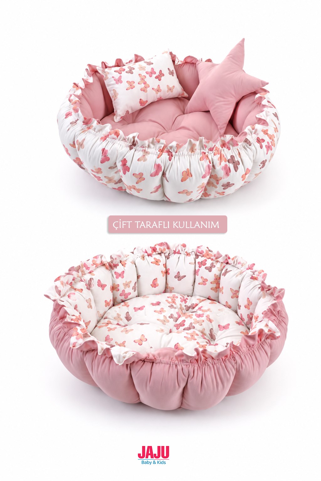 3'lü Set Yatak Ve Yastık, Yuvarlak Babynest, Oyun Halısı, Bebek Yatağı