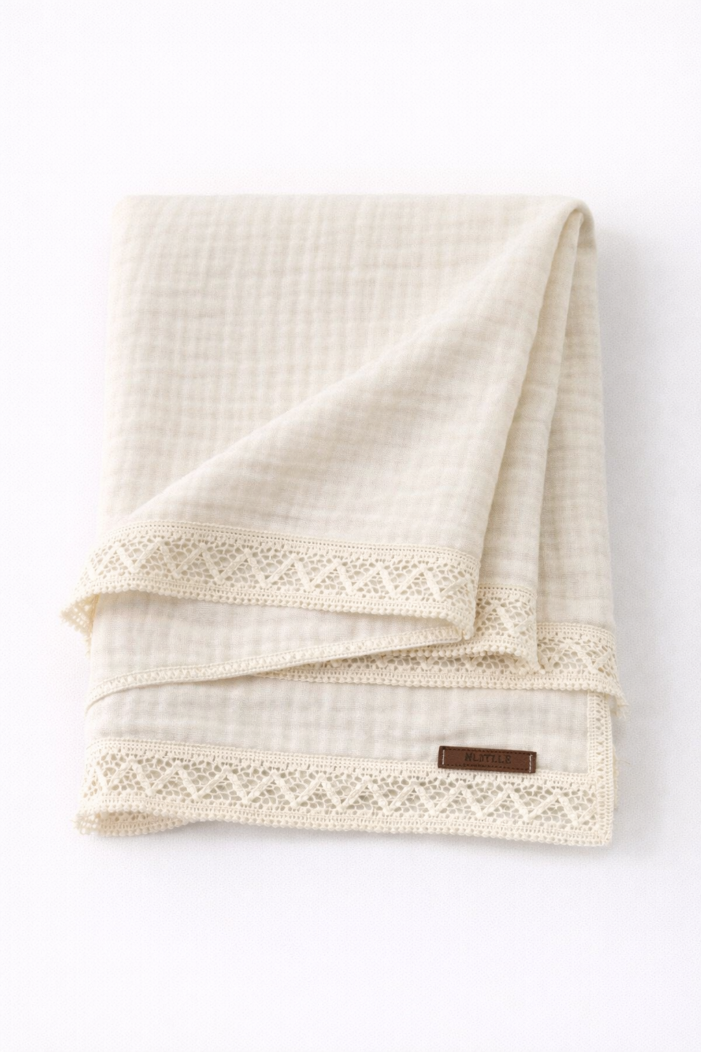 4 Katlı Krem Müslin Güpürlü Bebek Battaniyesi 110x110 cm – Nefes Alan %100 Pamuk