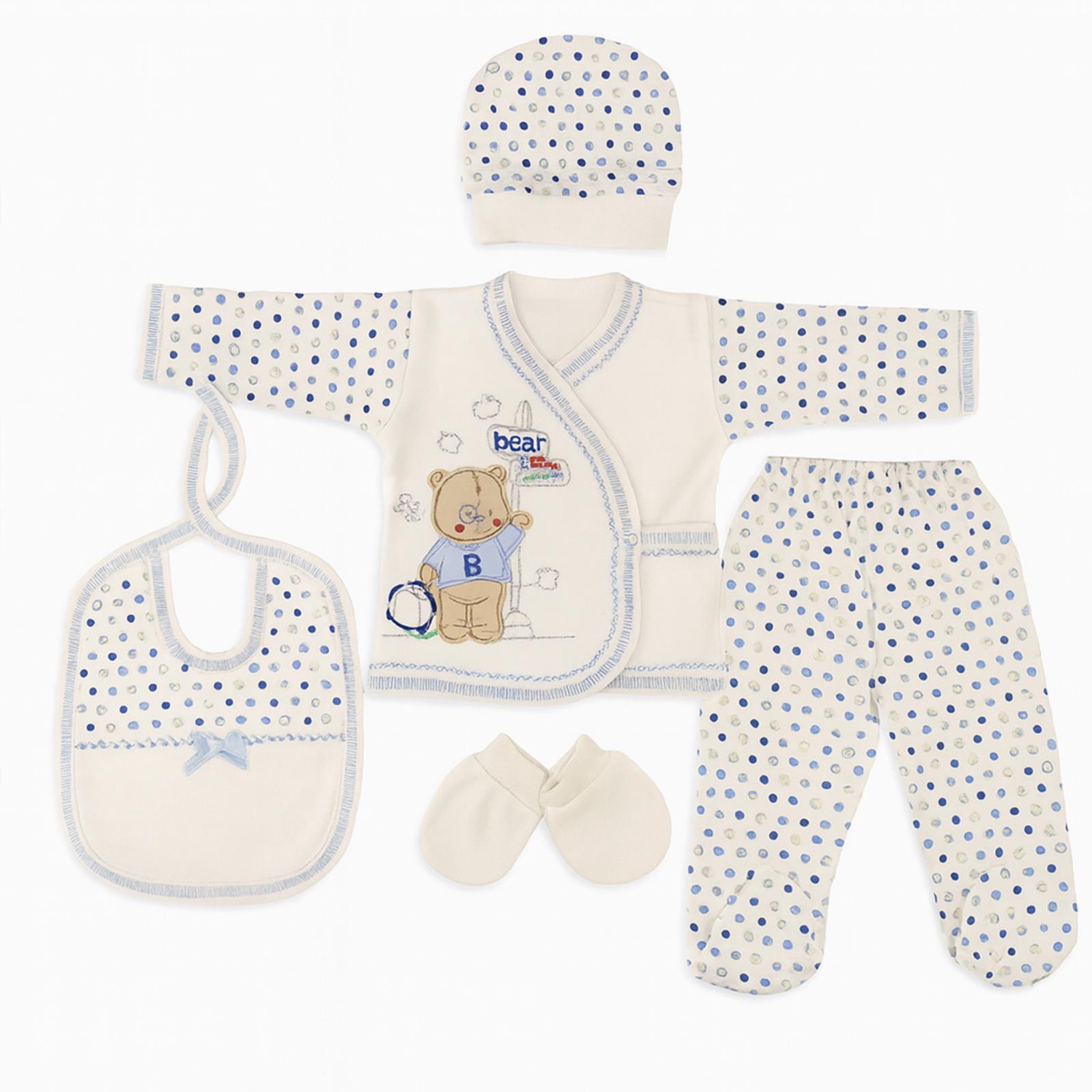 5'li Erkek Bebek Hastane Çıkışı Seti – Mavi Puantiyeli Ayıcık Desenli (%100 Pamuk)