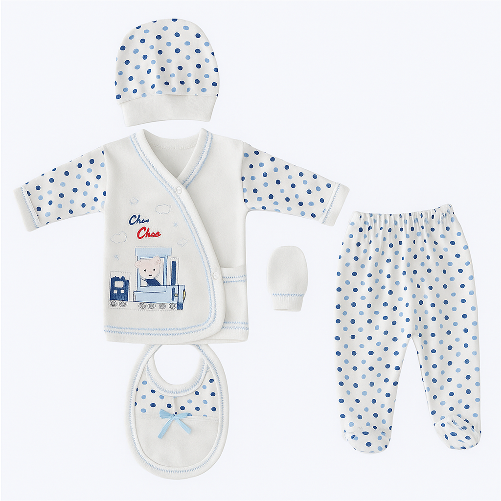 5'li Hastane Çıkışı Bebek Zıbın Seti – Mavi Puantiyeli Tren Desenli (%100 Pamuk)