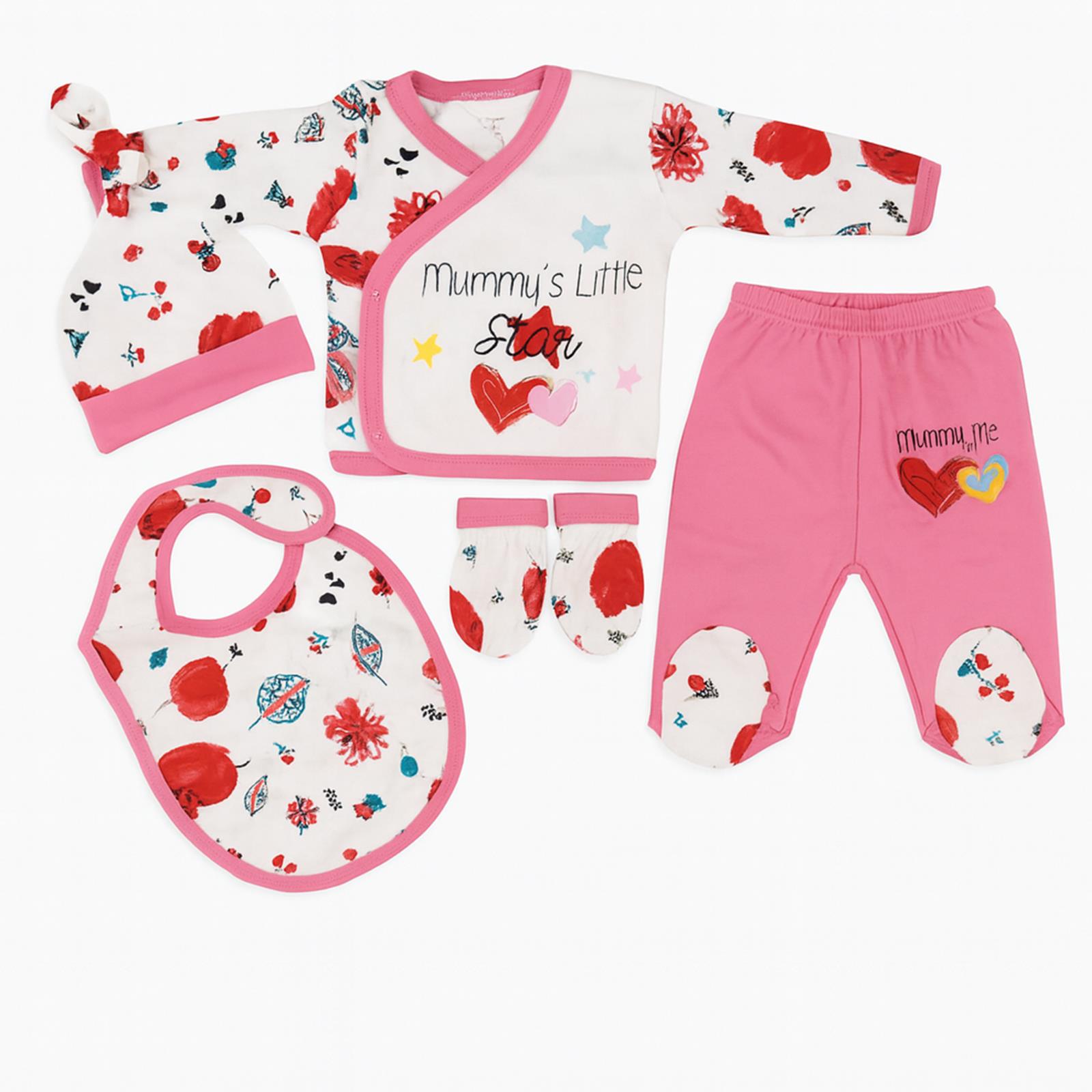 5'li Kız Bebek Hastane Çıkışı Seti – Mummy's Little Star Desenli (%100 Pamuk)