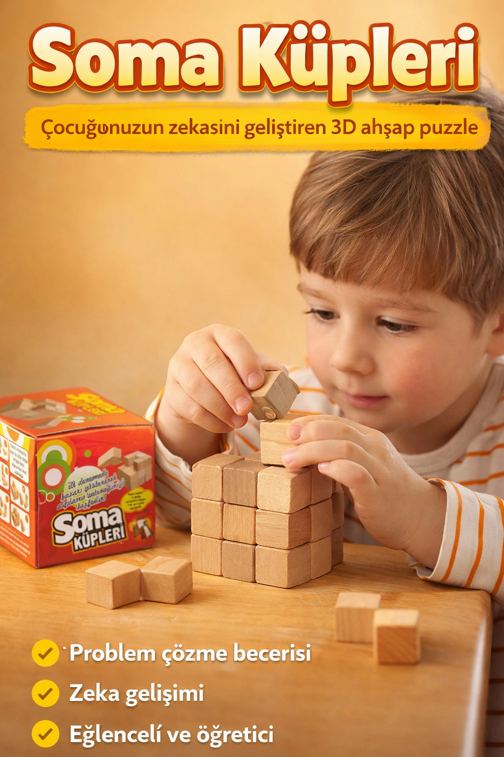 Ahşap Soma Küpü Zeka Oyunu 7 Parça 240 Farklı Şekil 3D Eğitici Puzzle