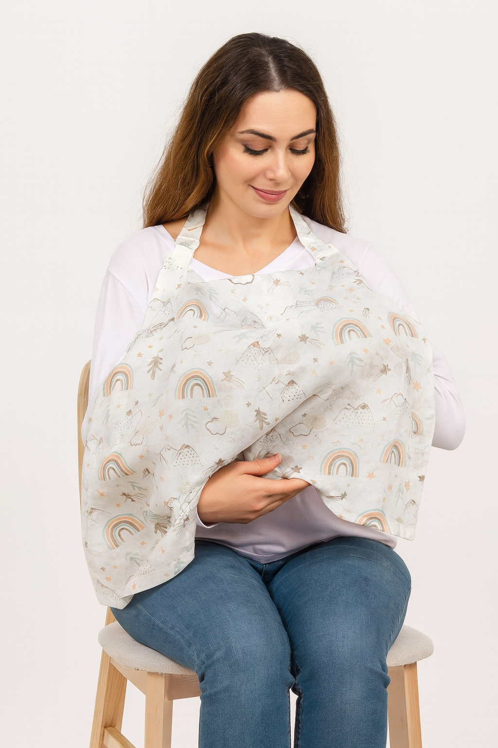 Anneler İçin Dağ Desen Emzirme Örtüsü – Hafif, Nefes Alan, 75x75 cm