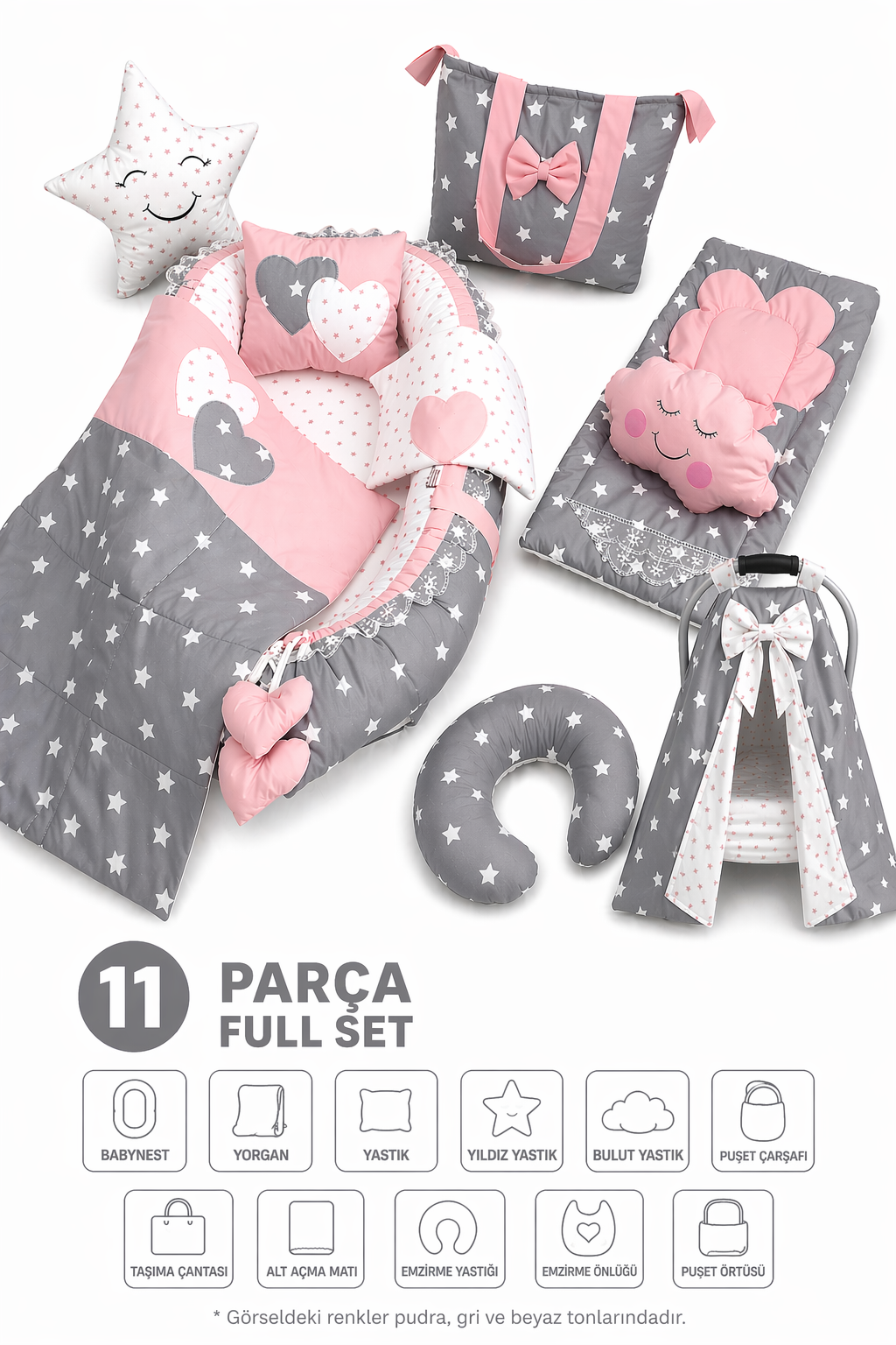 Babynest Gri ve Pudra Yıldızlı 11 Parça Full Set Lüx Baby Nest