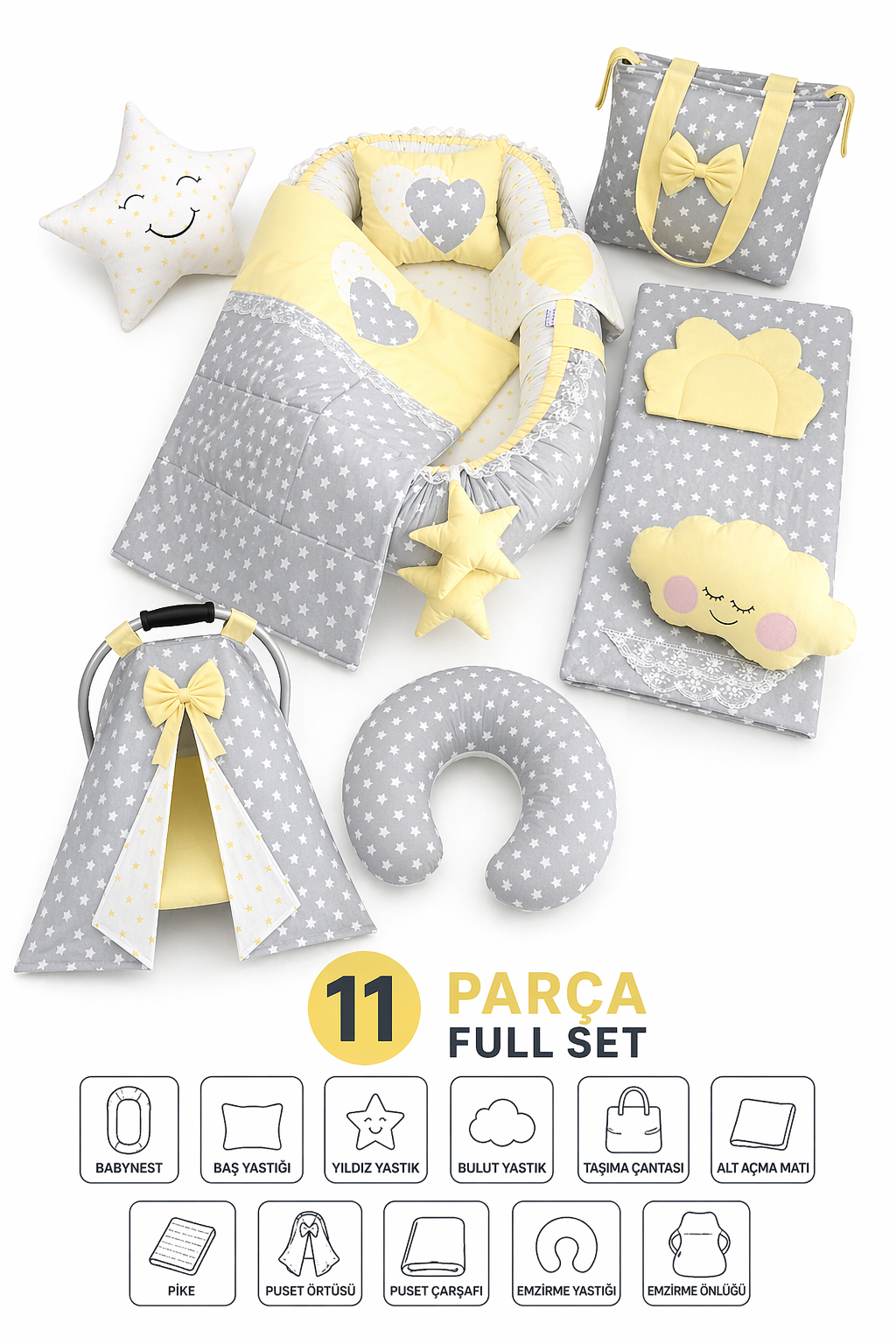 Babynest Gri ve Sarı Yıldızlı 11 Parça Full Set Lüx Baby Nest
