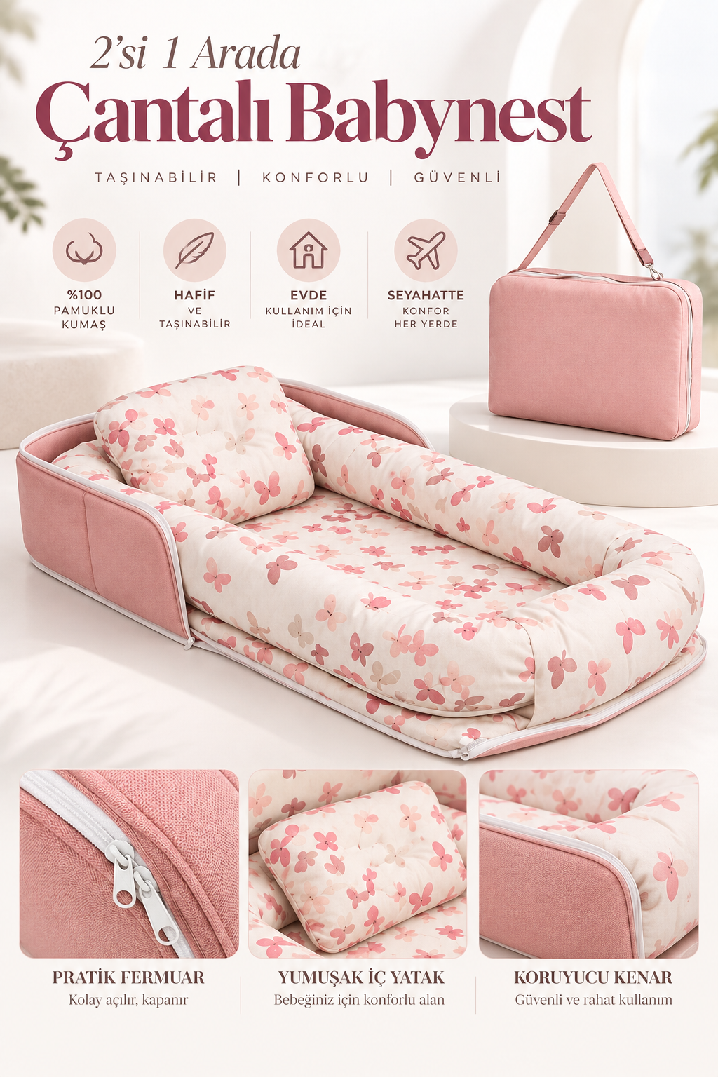 Babynest Kelebek Lüx Taşınabilir Çantalı Bebek Yuvası-Yatağı Babynest , Seyahatte, Araçta, Otelde…