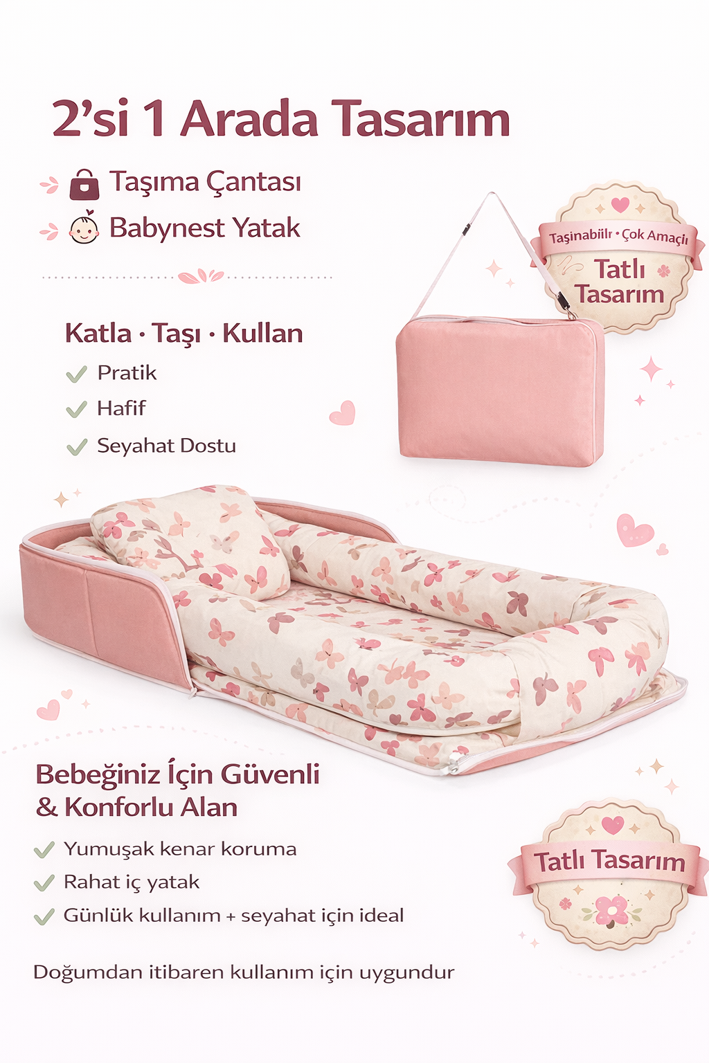 Babynest Kelebek Lüx Taşınabilir Çantalı Bebek Yuvası-Yatağı Babynest , Seyahatte, Araçta, Otelde…