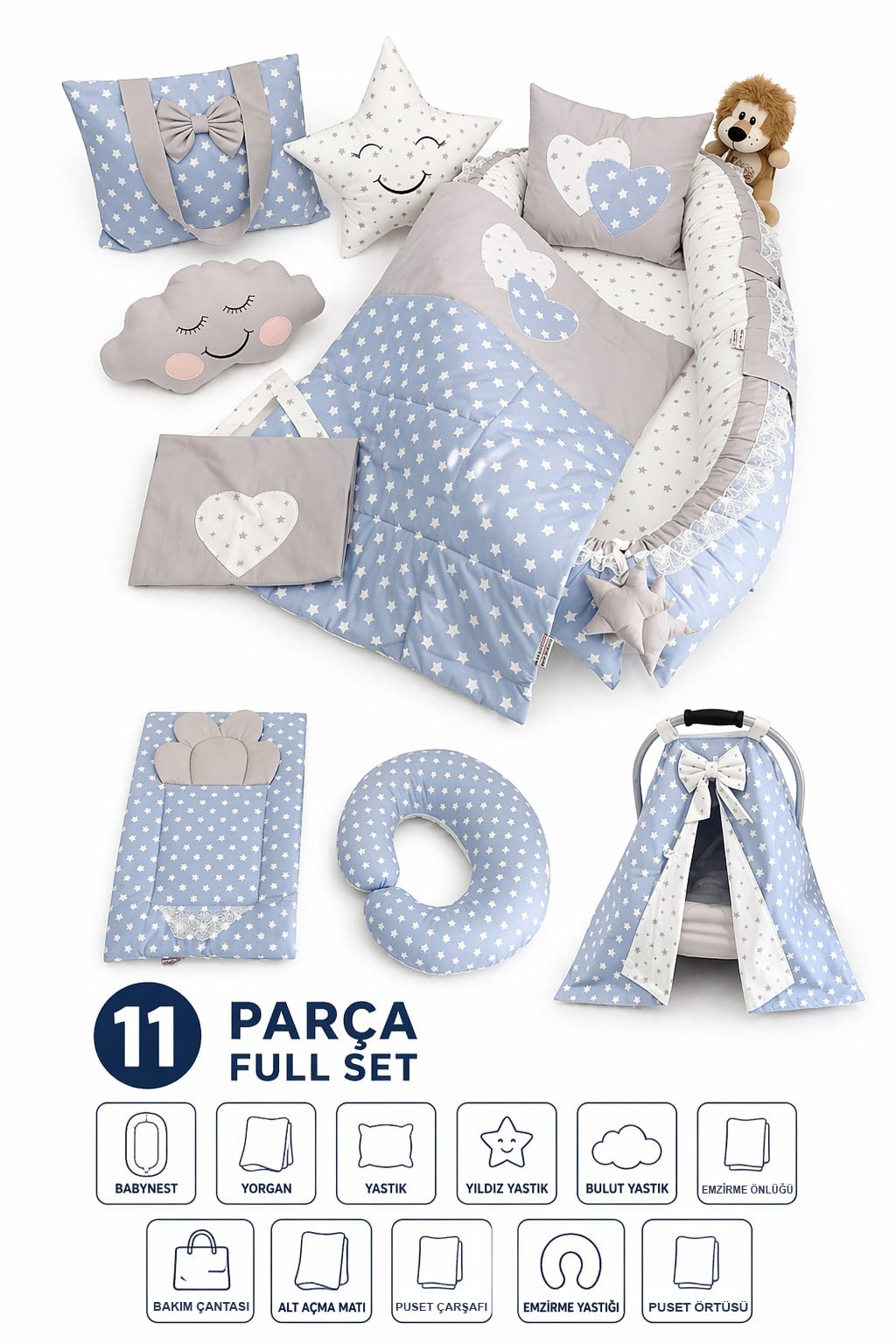Babynest Mavi ve Gri Yıldızlı Tam Set Lüx Baby Nest