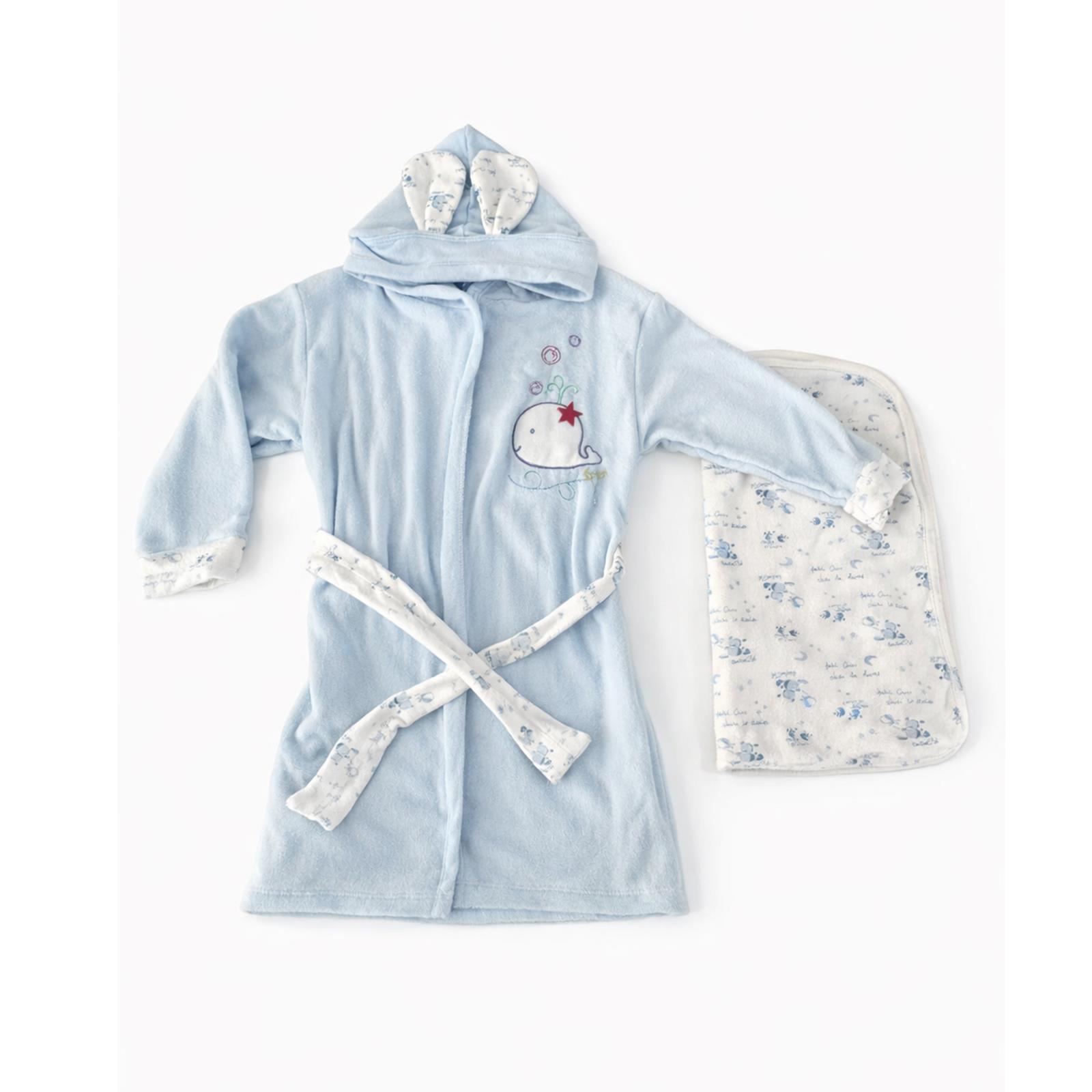 Balina Nakışlı 6-8 Yaş Kapüşonlu Bebek Bornoz ve Havlu Seti – Mavi